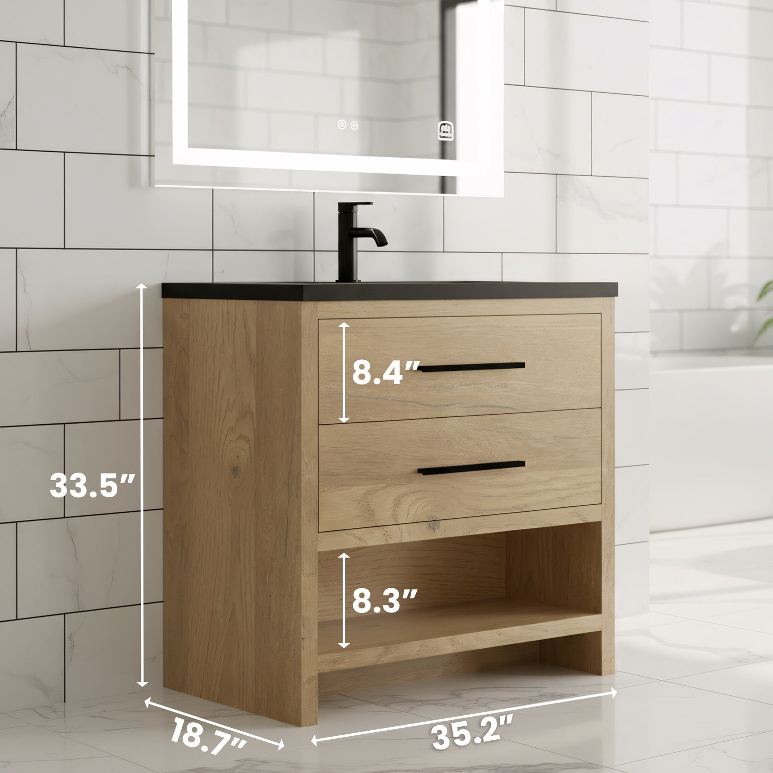 36" Rough Oak Freestanding Bathroom Vanity with Black Engineered Quartz Countertop