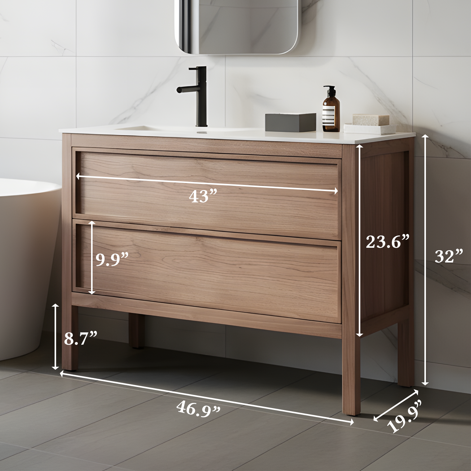 Meuble-Lavabo Autoportant 48po Noyer Naturel avec Comptoir de Surface Solide Blanc