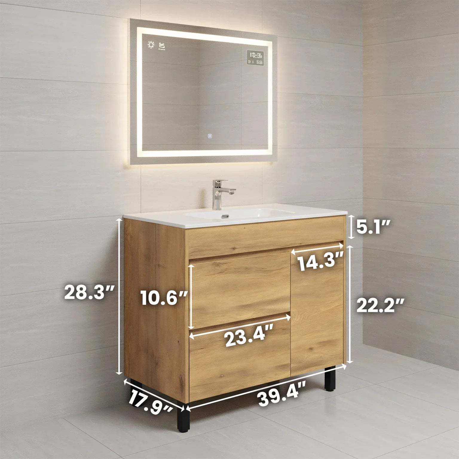 40" Frosted Oak Freestanding Bathroom Vanity with White Ceramic Countertop