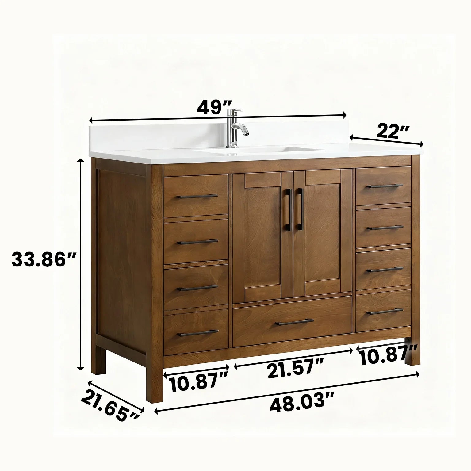 48" Walnut Freestanding Bathroom Vanity with Engineered White Marble Countertop