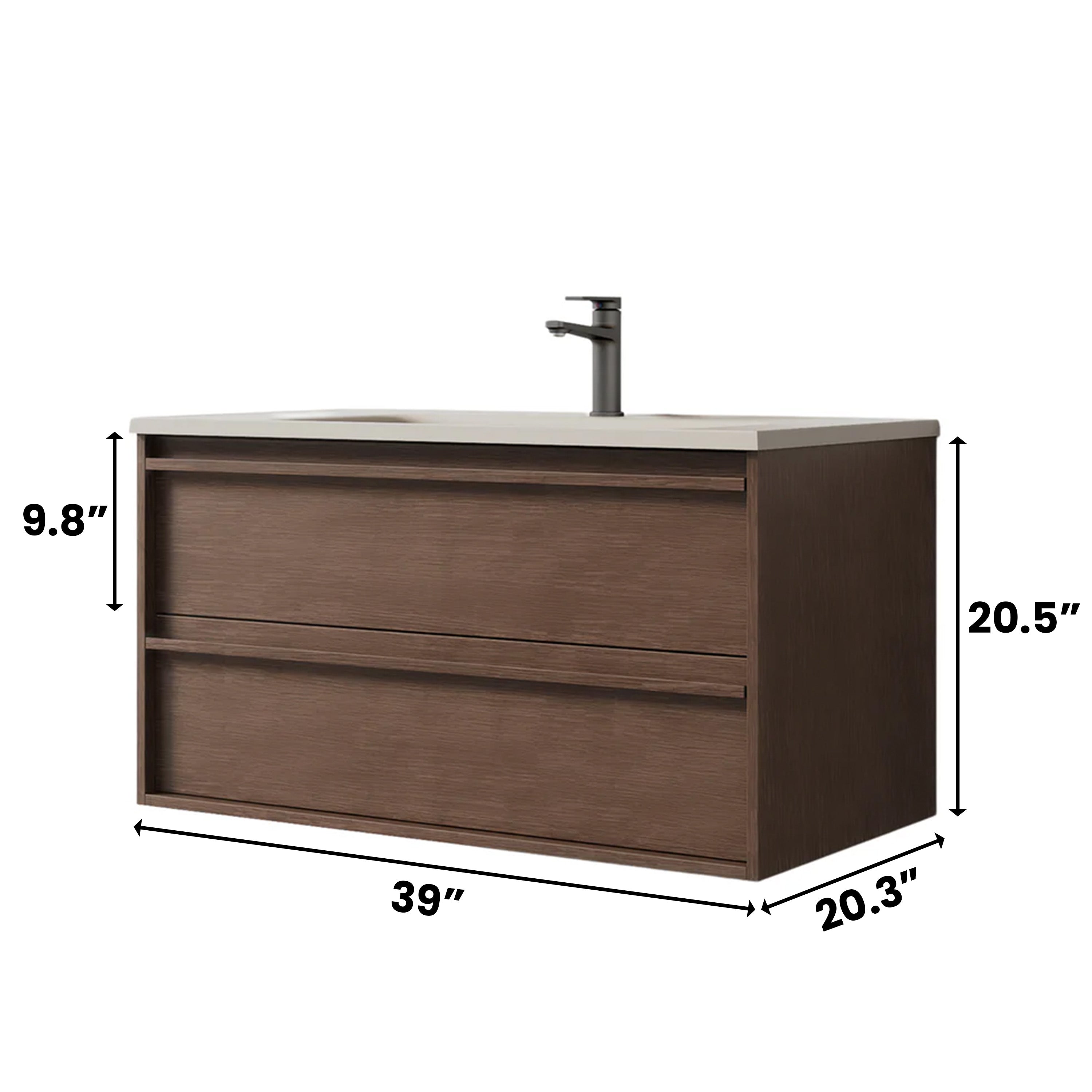 Meuble-lavabo Flottant en Noisette 40 po avec Comptoir Intégré en Surface Solide Nano Taupe avec Pop-up