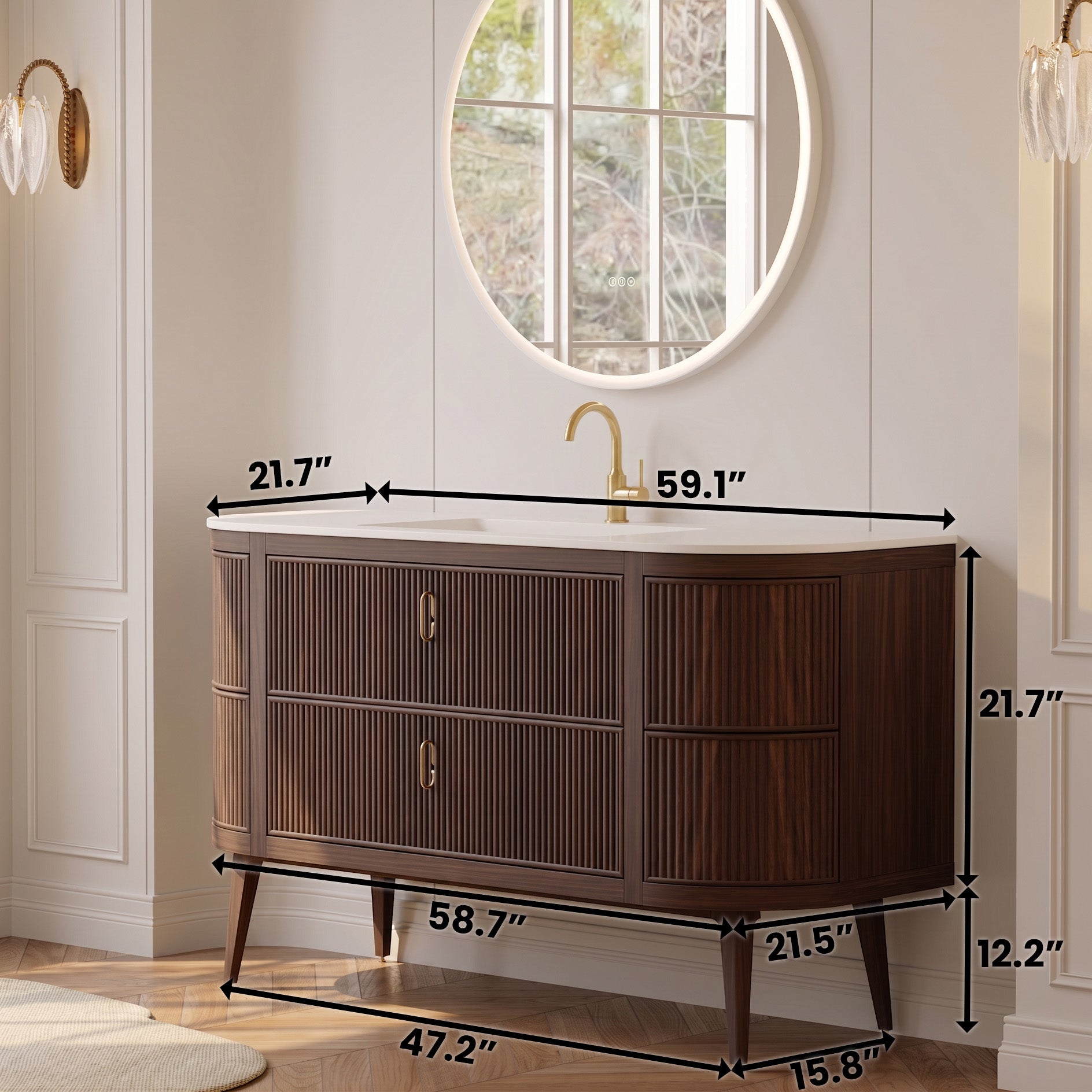 60" Walnut Curved Fluted Bathroom Vanity - Matte White Countertop