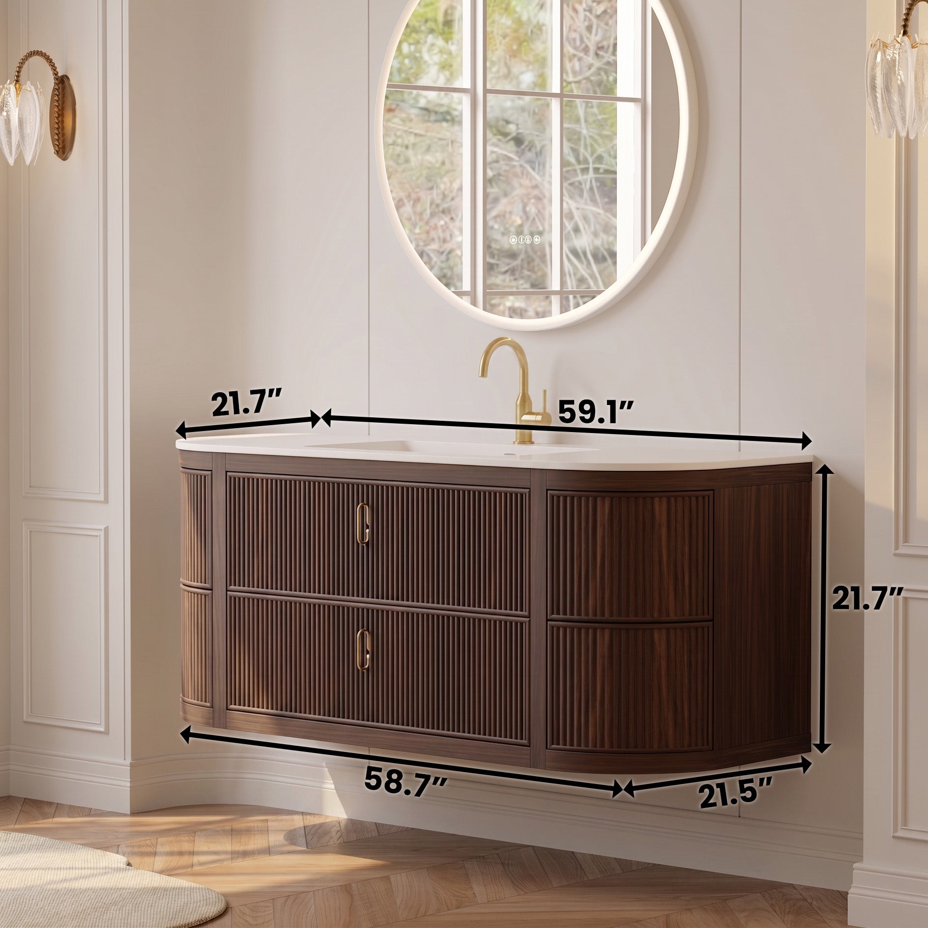 Meuble-lavabo de salle de bain cannelé incurvé 60" en noyer - Comptoir blanc mat