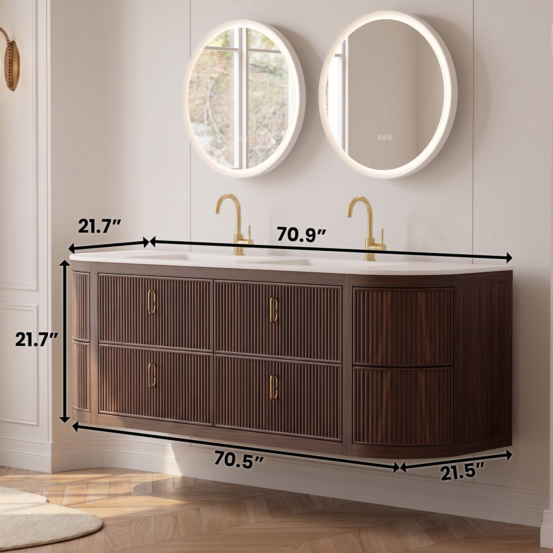 Meuble-lavabo de salle de bain cannelé incurvé en noyer de 183 cm - Plan de travail blanc mat