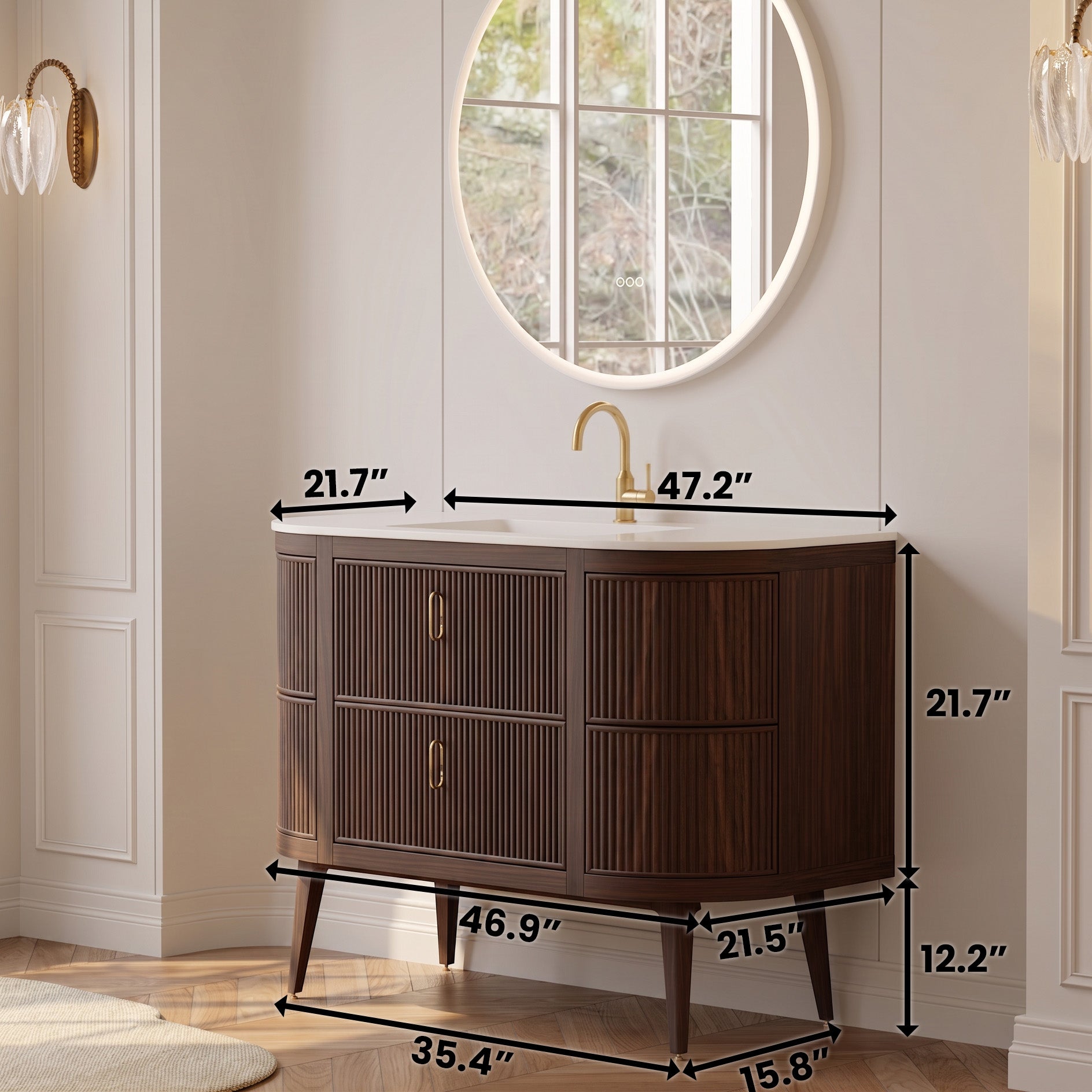48" Walnut Curved Fluted Bathroom Vanity - Matte White Countertop