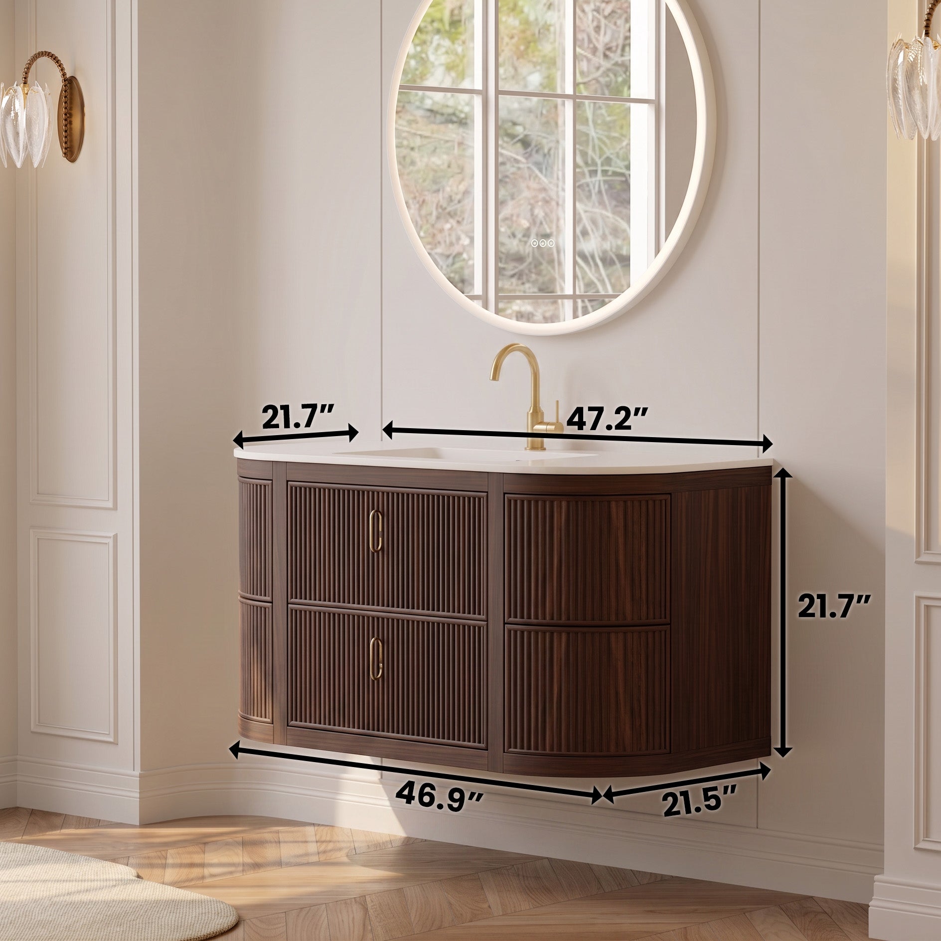 Meuble-lavabo incurvé et cannelé de 48 po en noyer pour salle de bain - dessus blanc mat