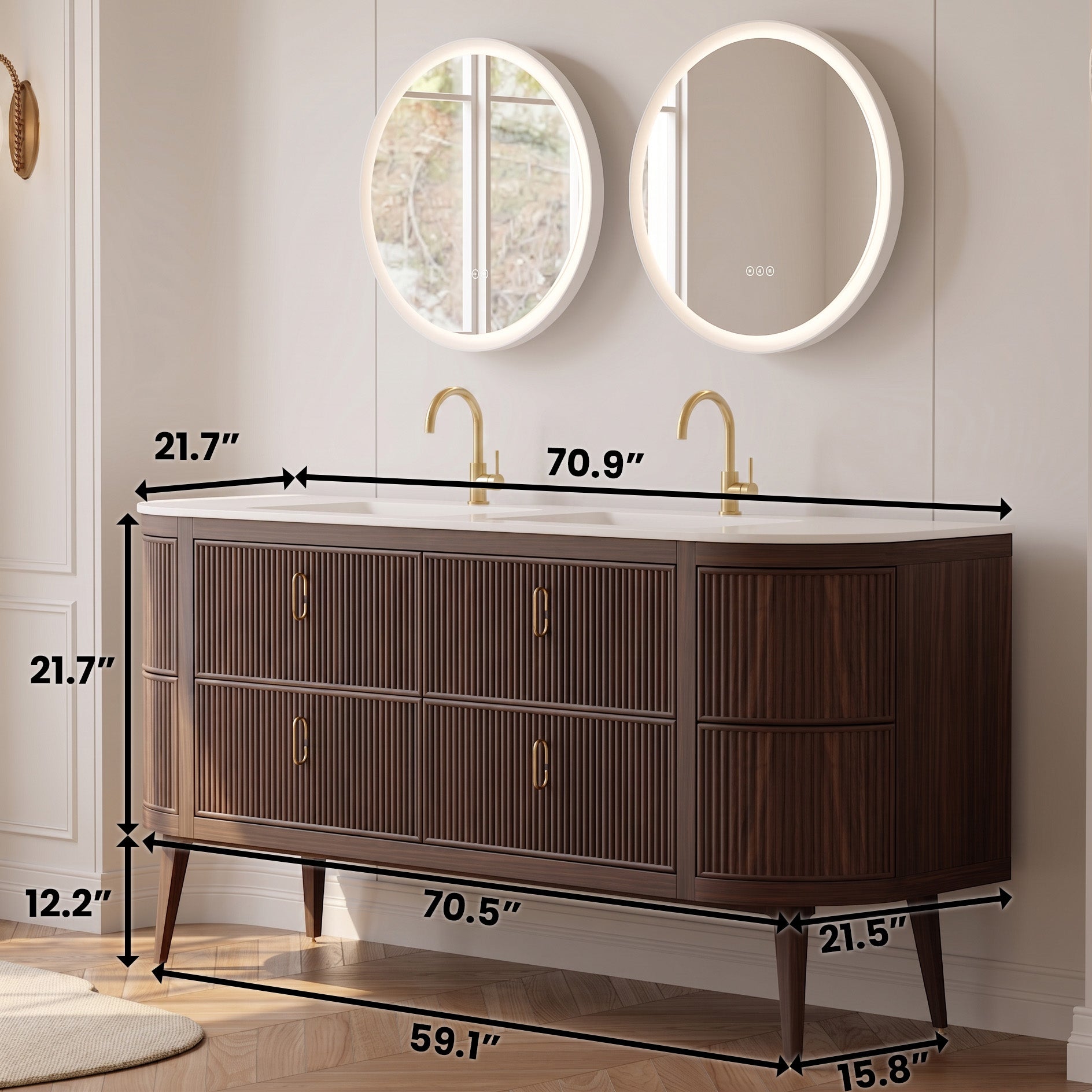 72" Walnut Curved Fluted Bathroom Vanity - Matte White Countertop
