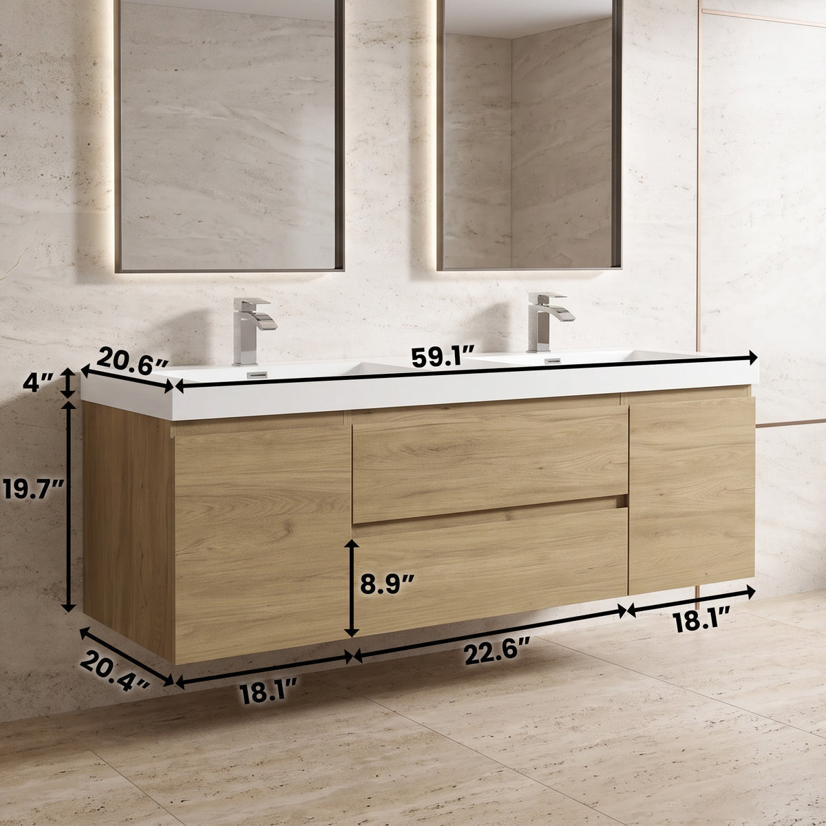 60" Distressed Oak Wall-Mount Double Sink Bathroom Vanity with White Acrylic Countertop