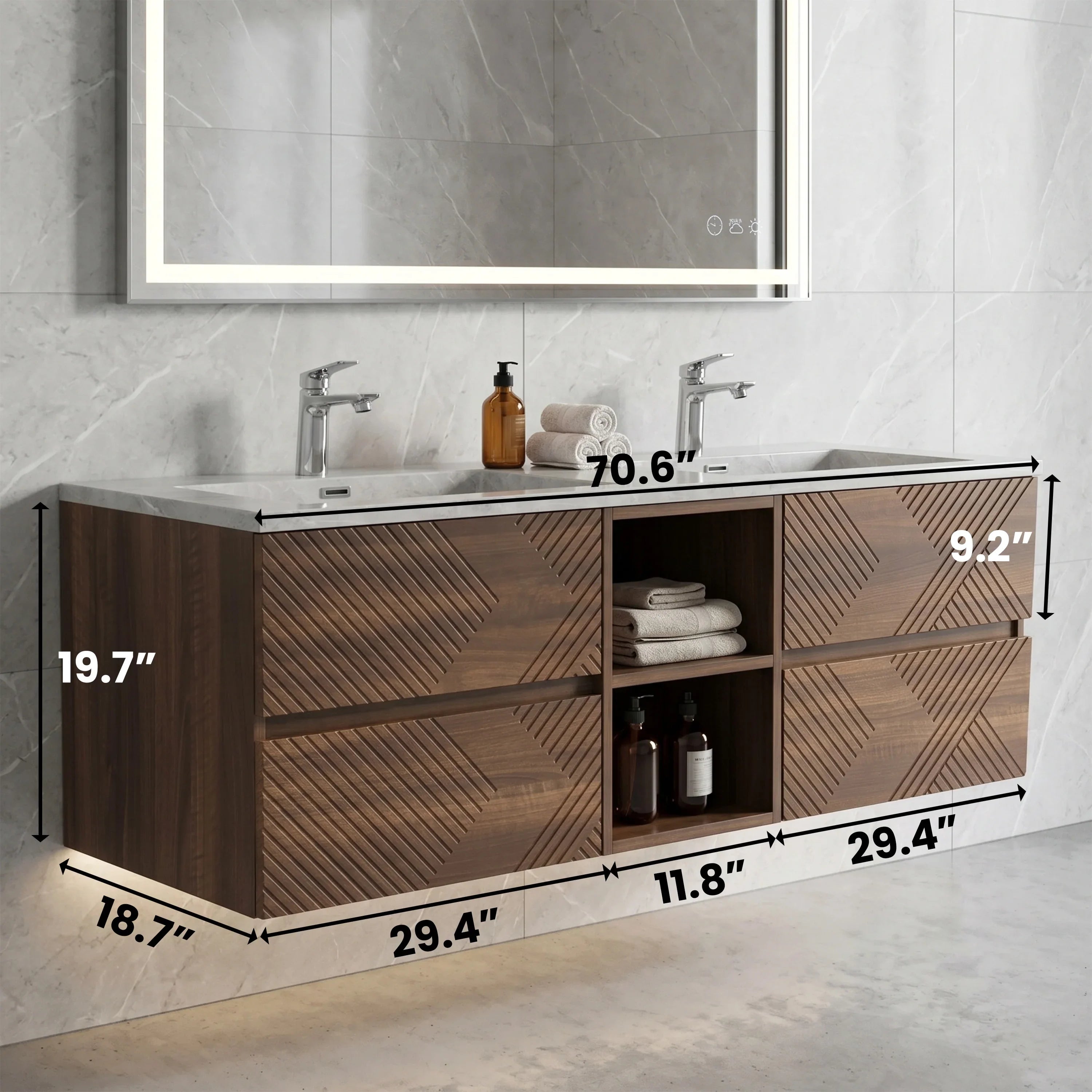 72" Walnut Wall Mount Double Sink Bathroom Vanity with White Polymarble Countertop