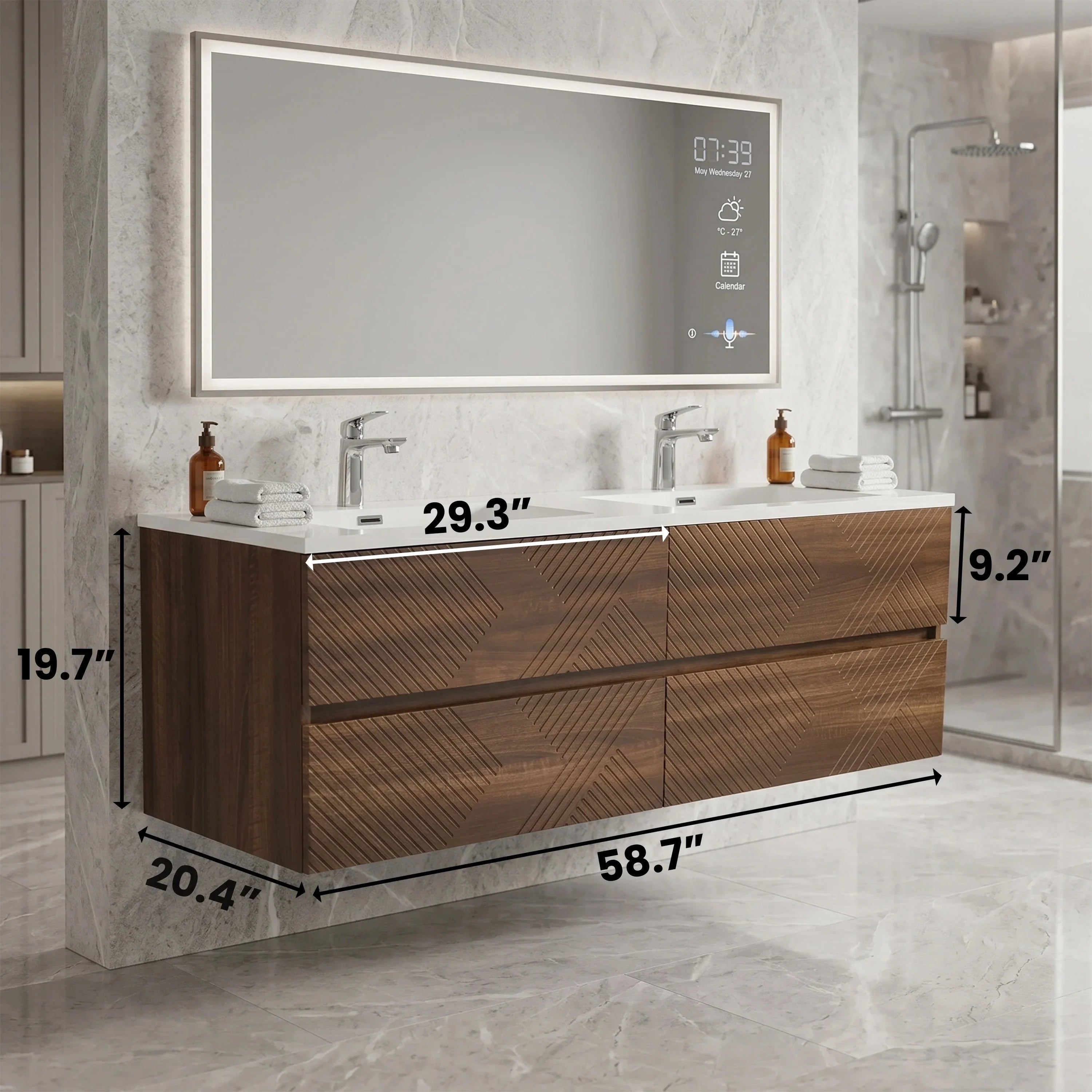 Meuble-Lavabo Mural 60po Noyer avec Comptoir de Polymarbre Blanc