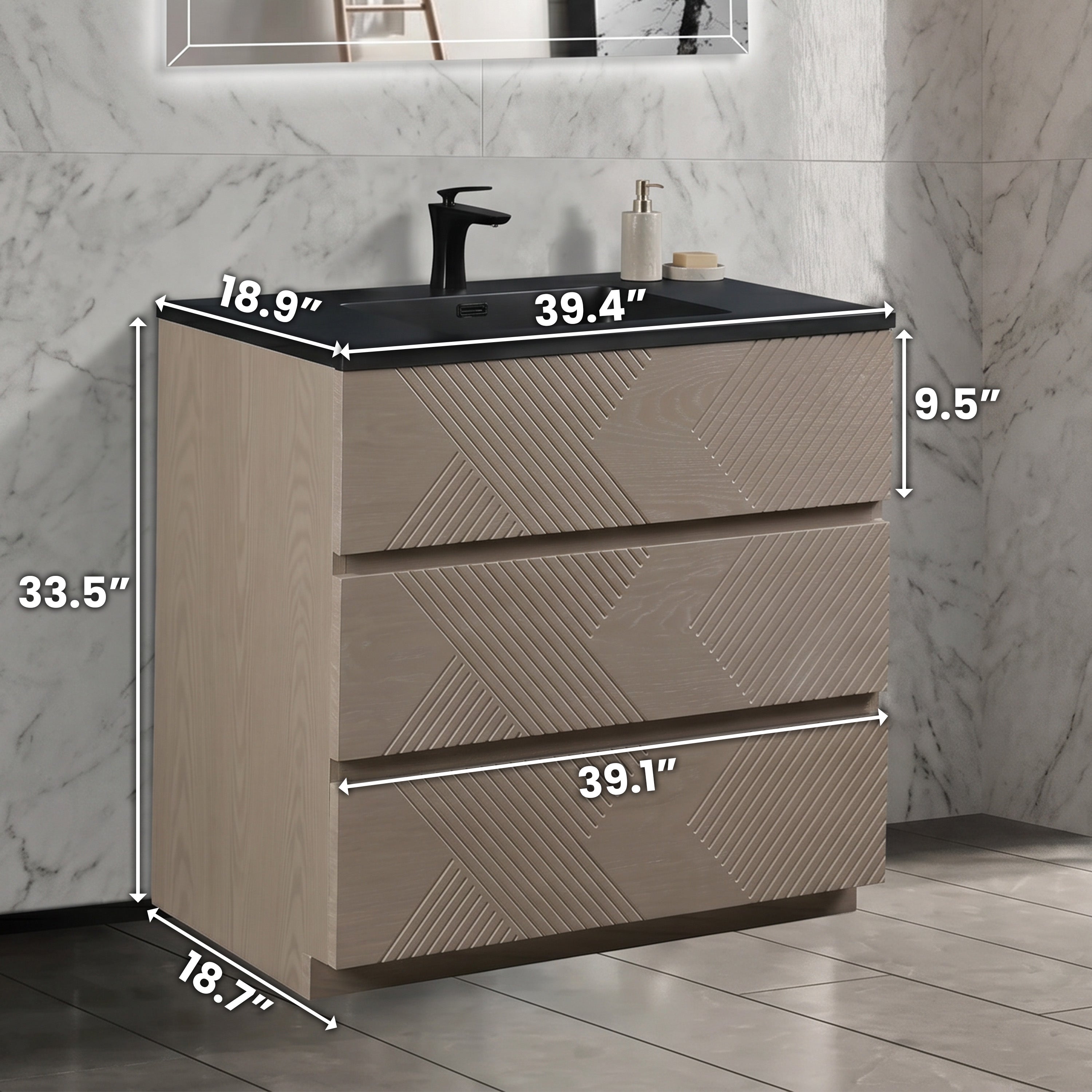 40" Taupe Oak Freestanding Vanity with Black Engineered Quartz Countertop