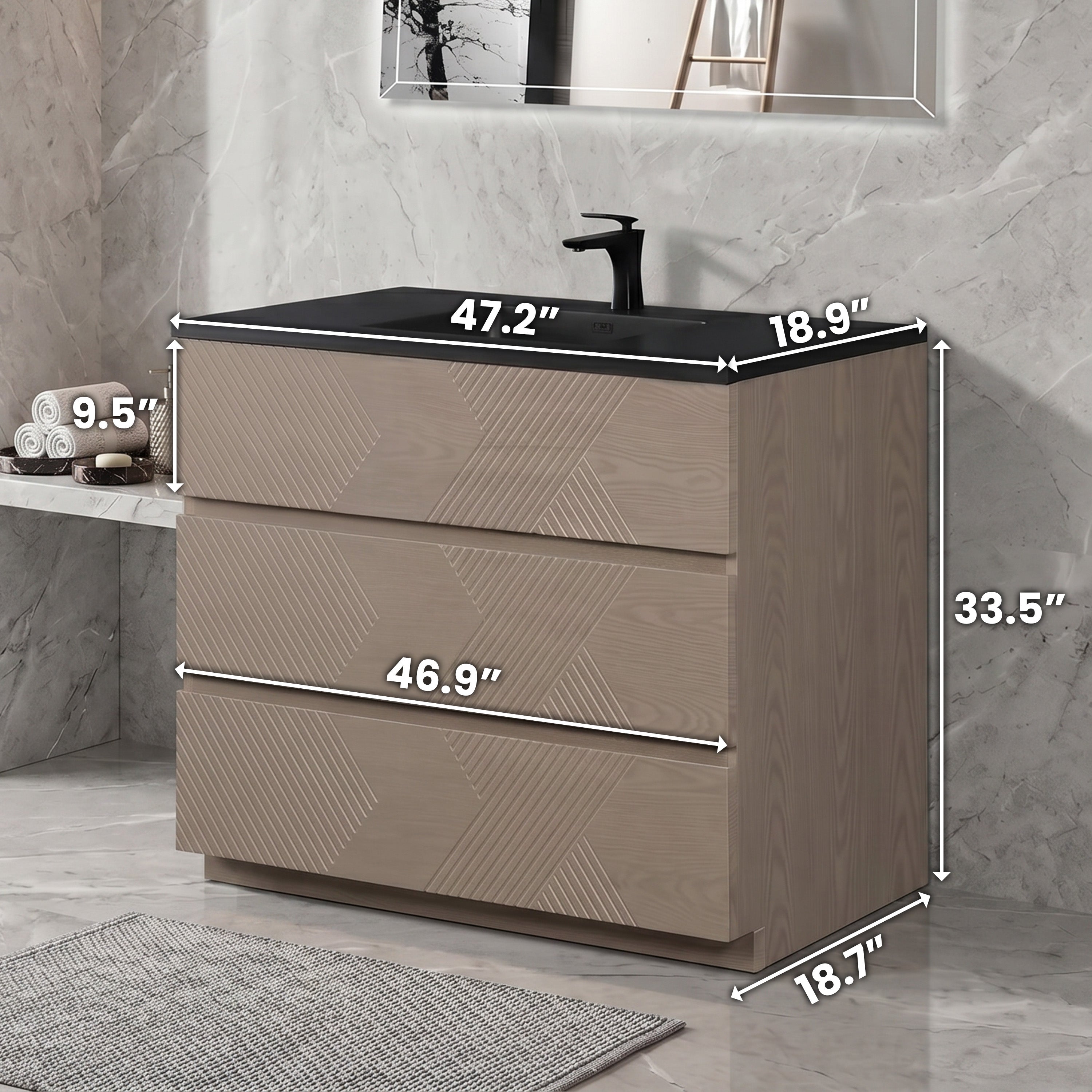 Meuble-Lavabo Autoportant 48po Chêne Taupe avec Comptoir de Quartz d'ingénierie Noir