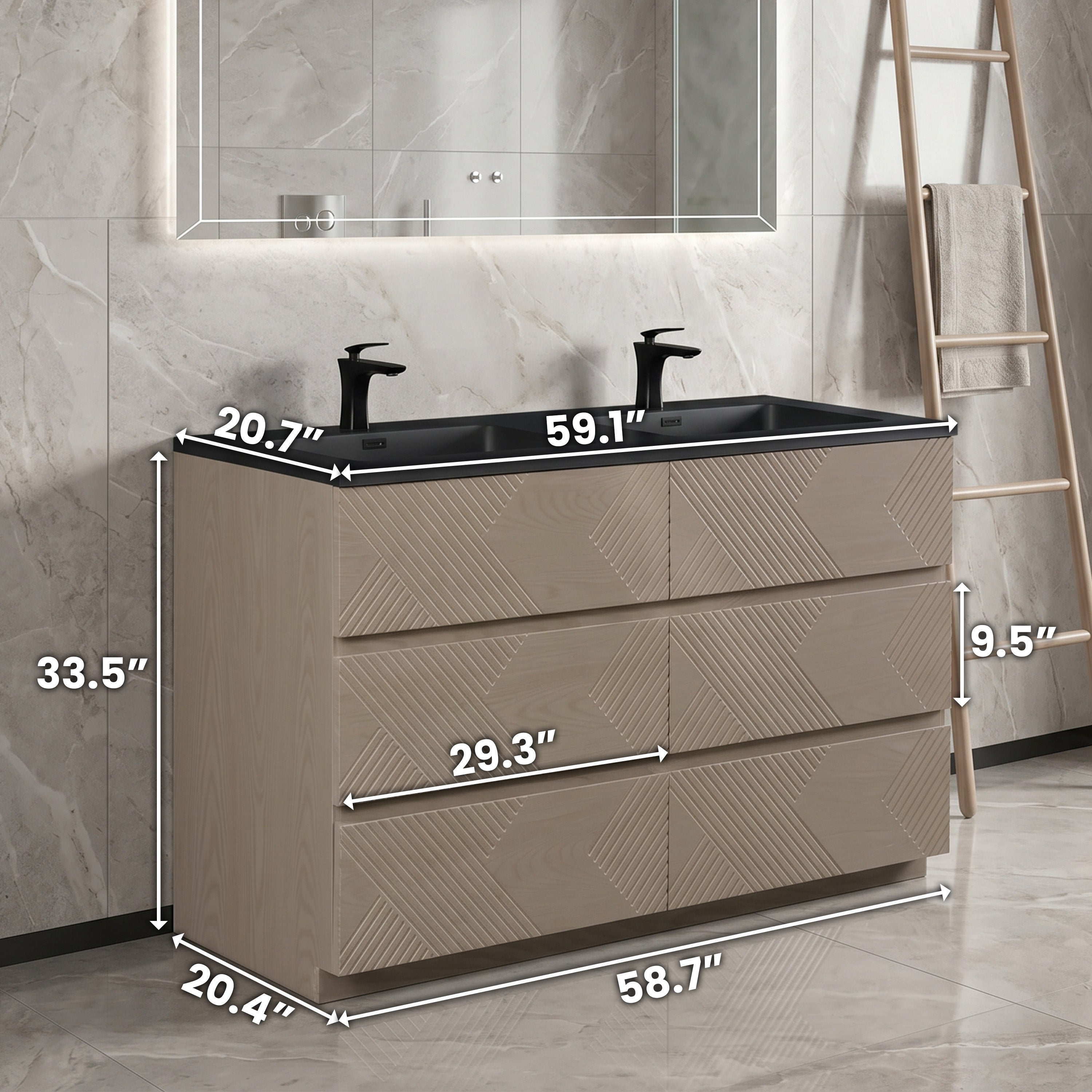 Meuble-Lavabo Autoportant 60po Chêne Taupe avec Comptoir de Quartz d'ingénierie Noir