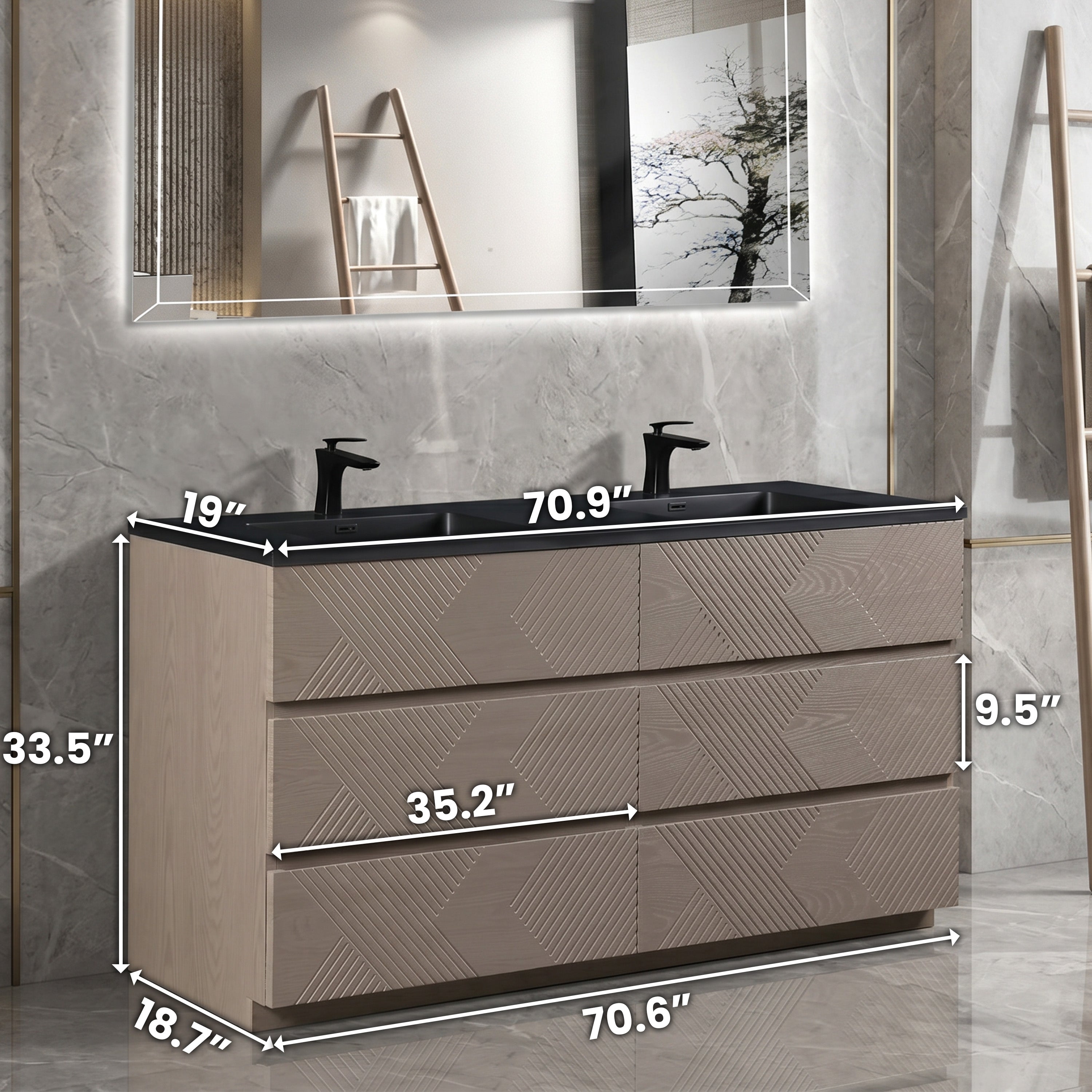 72" Taupe Oak Freestanding Double Sink Vanity with Black Engineered Quartz Countertop