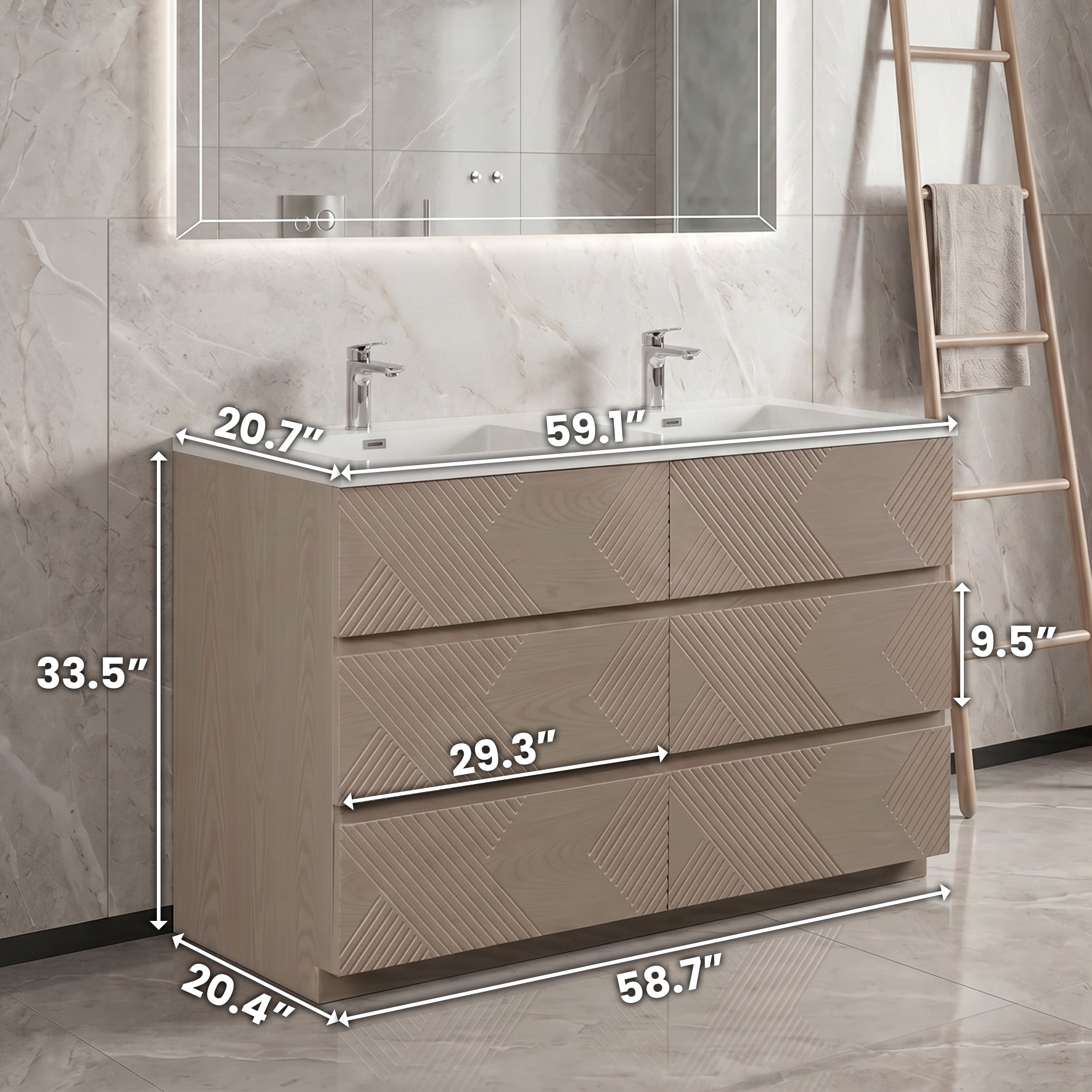 Meuble-Lavabo Autoportant 60po Chêne Taupe avec Comptoir de Polymarbre Blanc