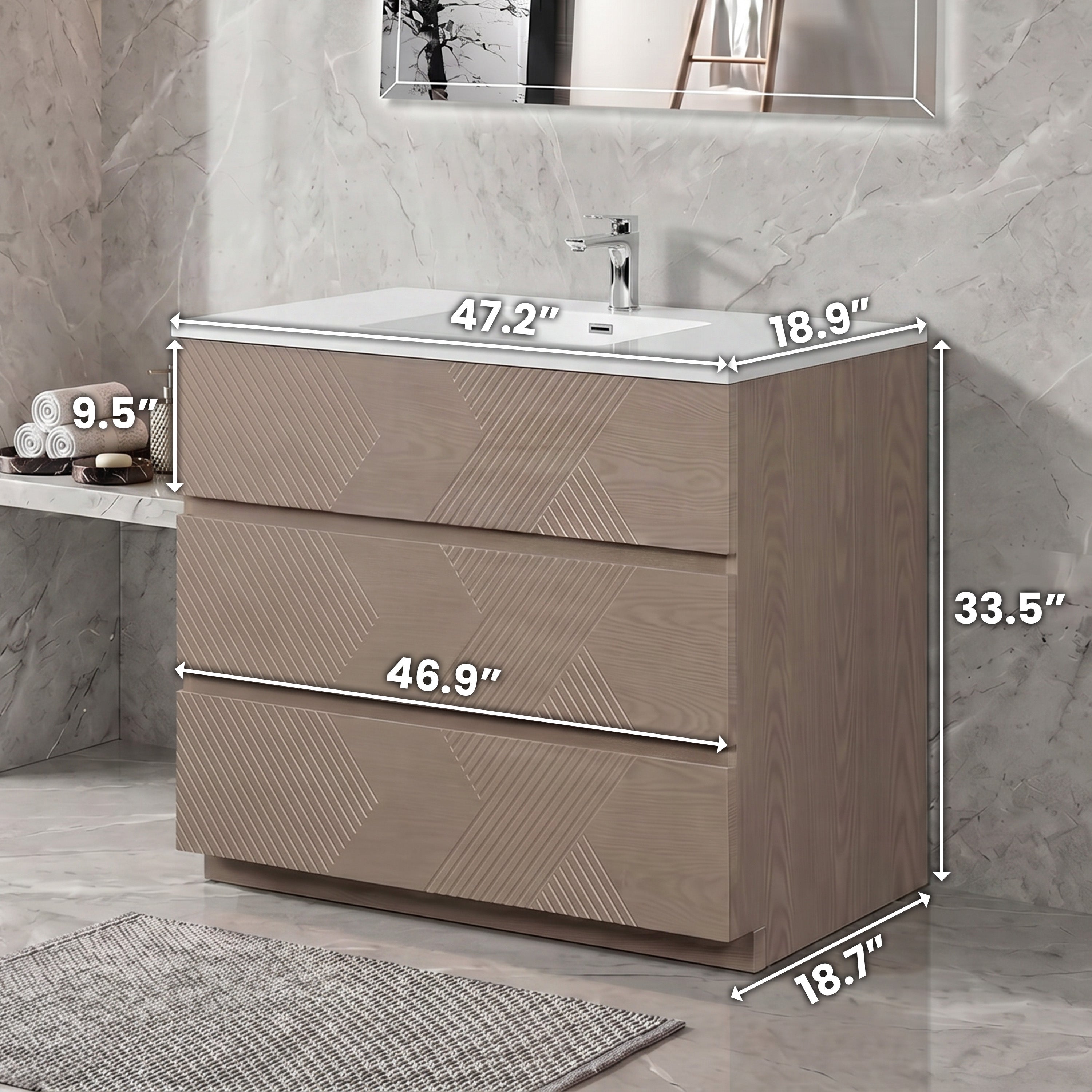 Meuble-Lavabo Autoportant 48po Chêne Taupe avec Comptoir de Polymarbre Blanc