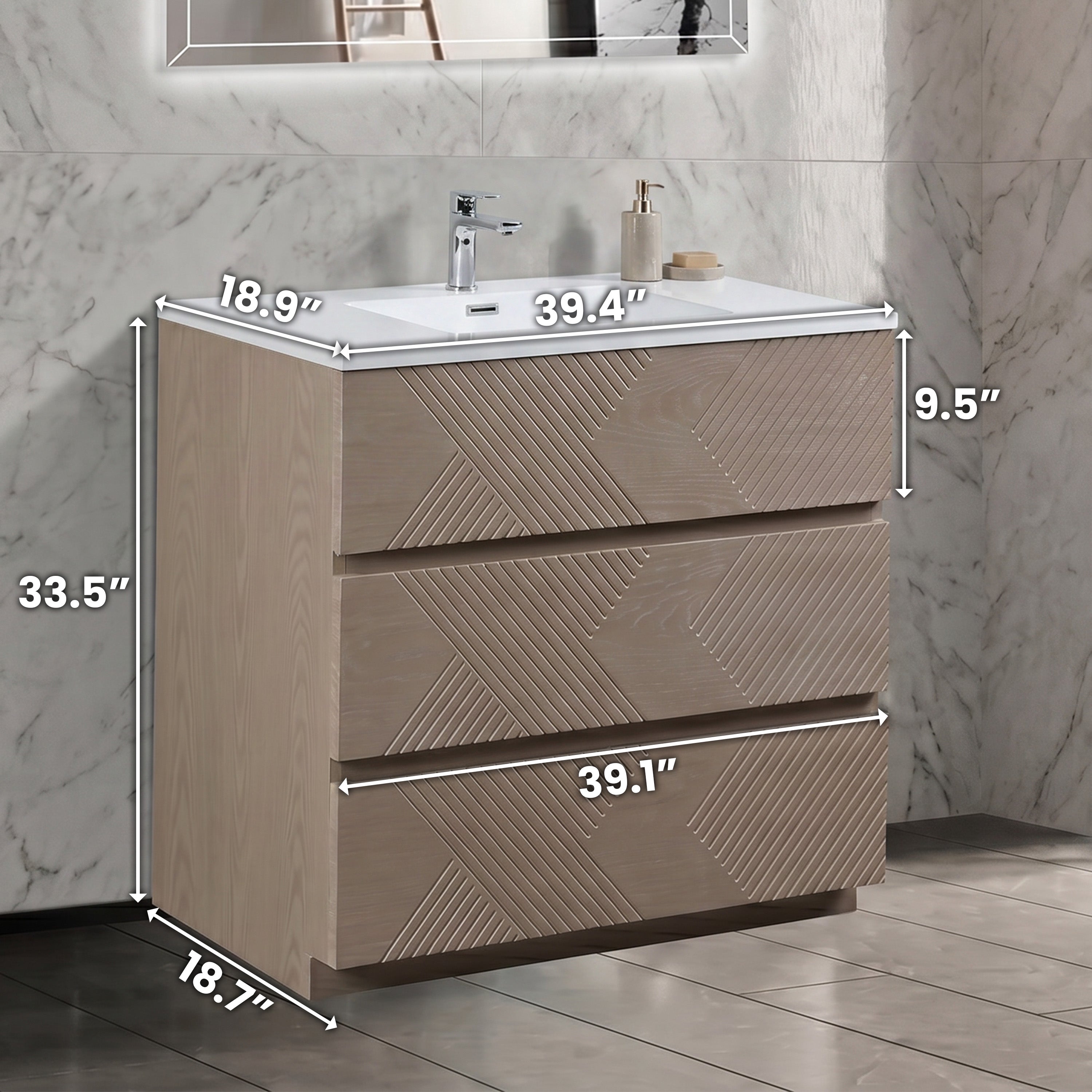 40" Taupe Oak Freestanding Vanity with White Polymarble Countertop