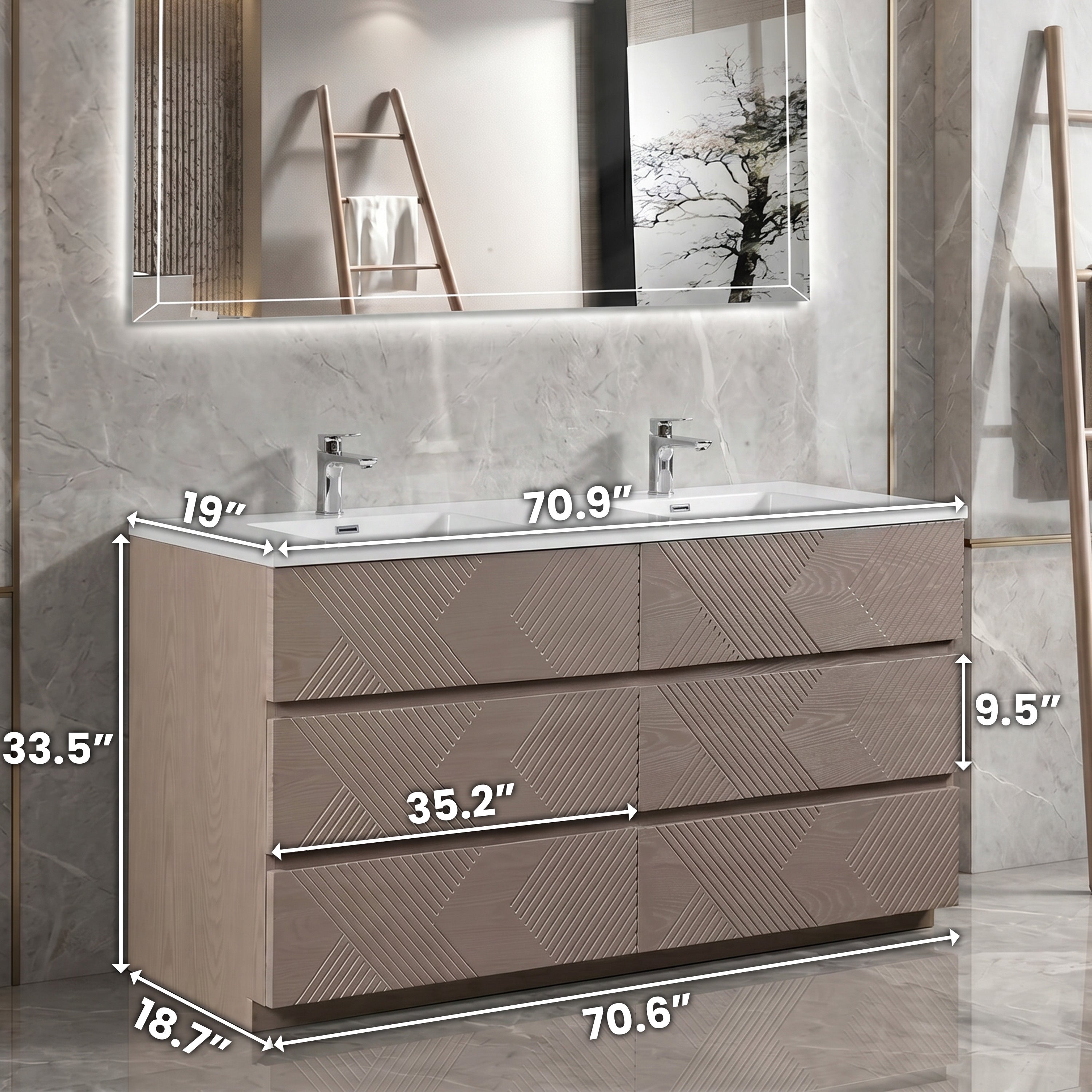 72" Taupe Oak Freestanding Double Sink Vanity with White Polymarble Countertop