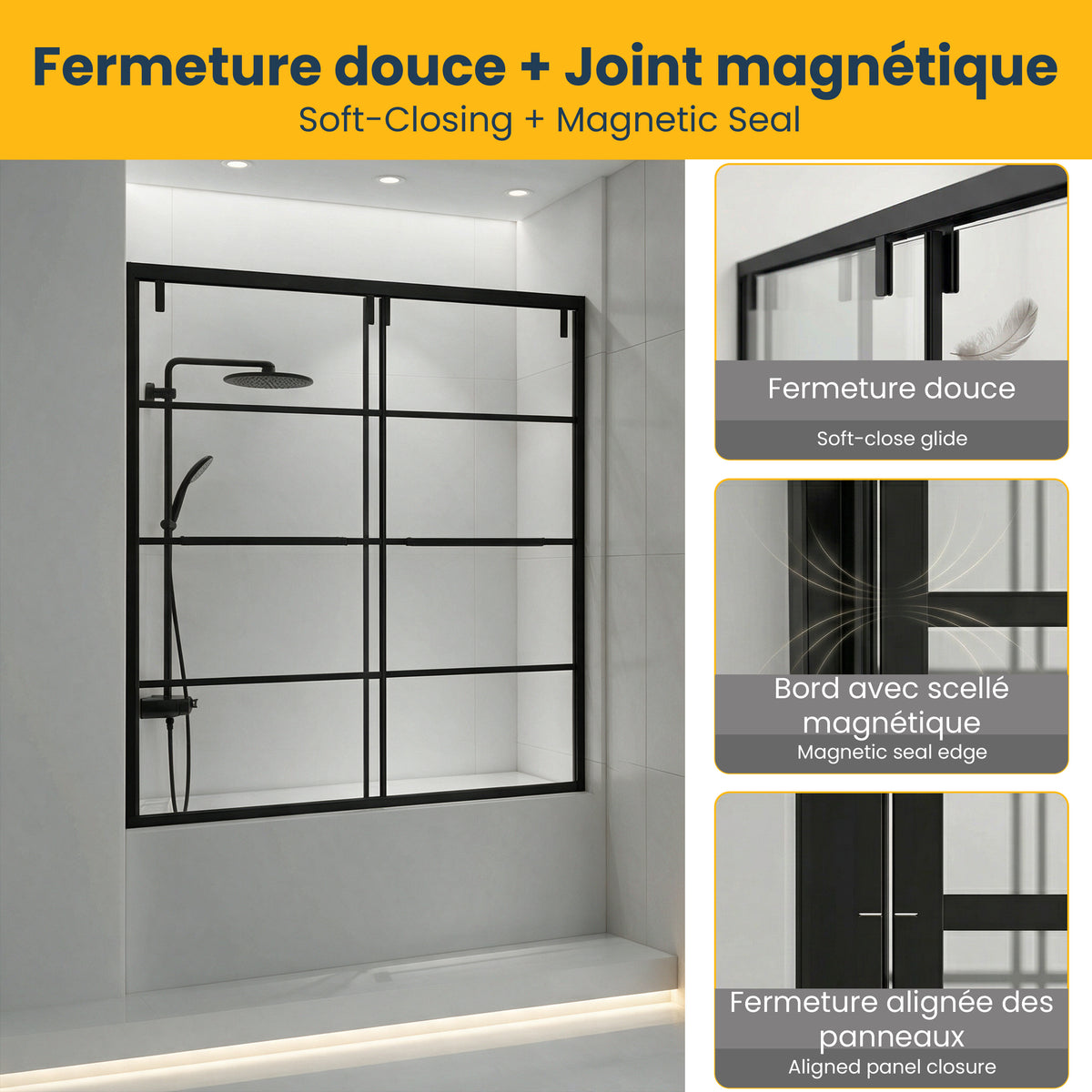 60" x 66" Matte Black Framed Sliding Bathtub Door with Grid Design - Reversible