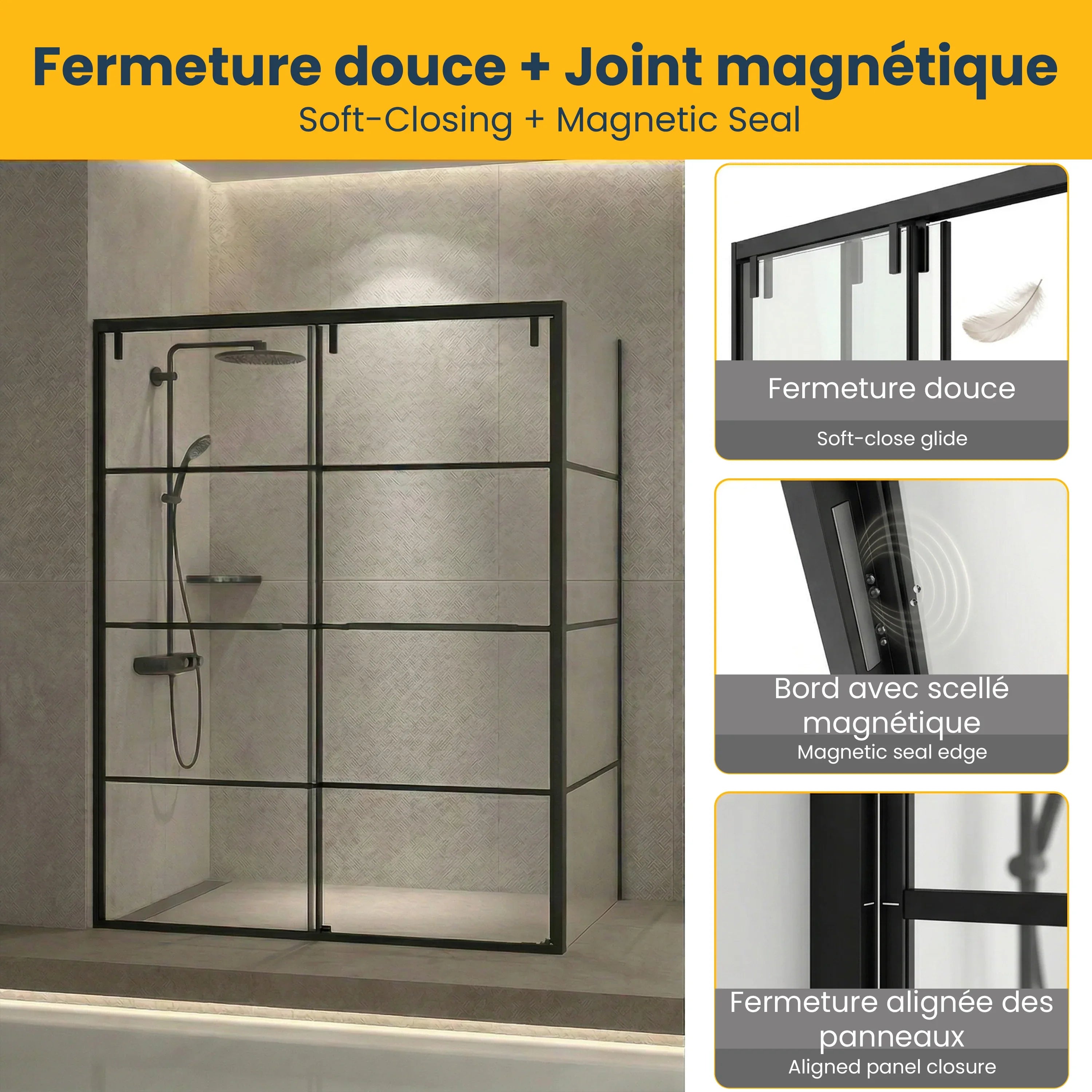 Porte de douche coulissante réversible 60po x 79po noir mat avec panneau latéral 32po