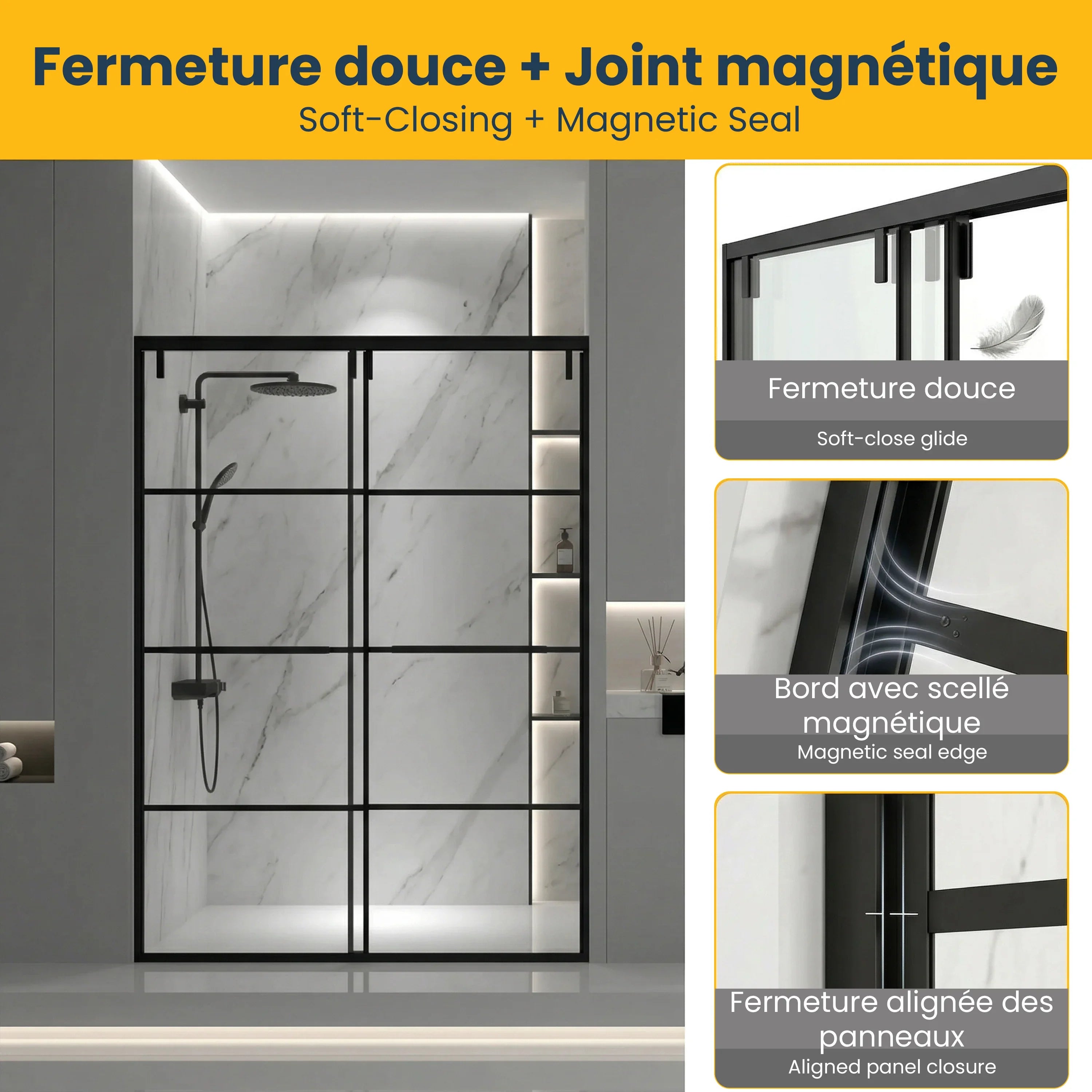 Porte de Douche Coulissante Encadrée Noir Mat 48po x 79po avec Verre Trempé