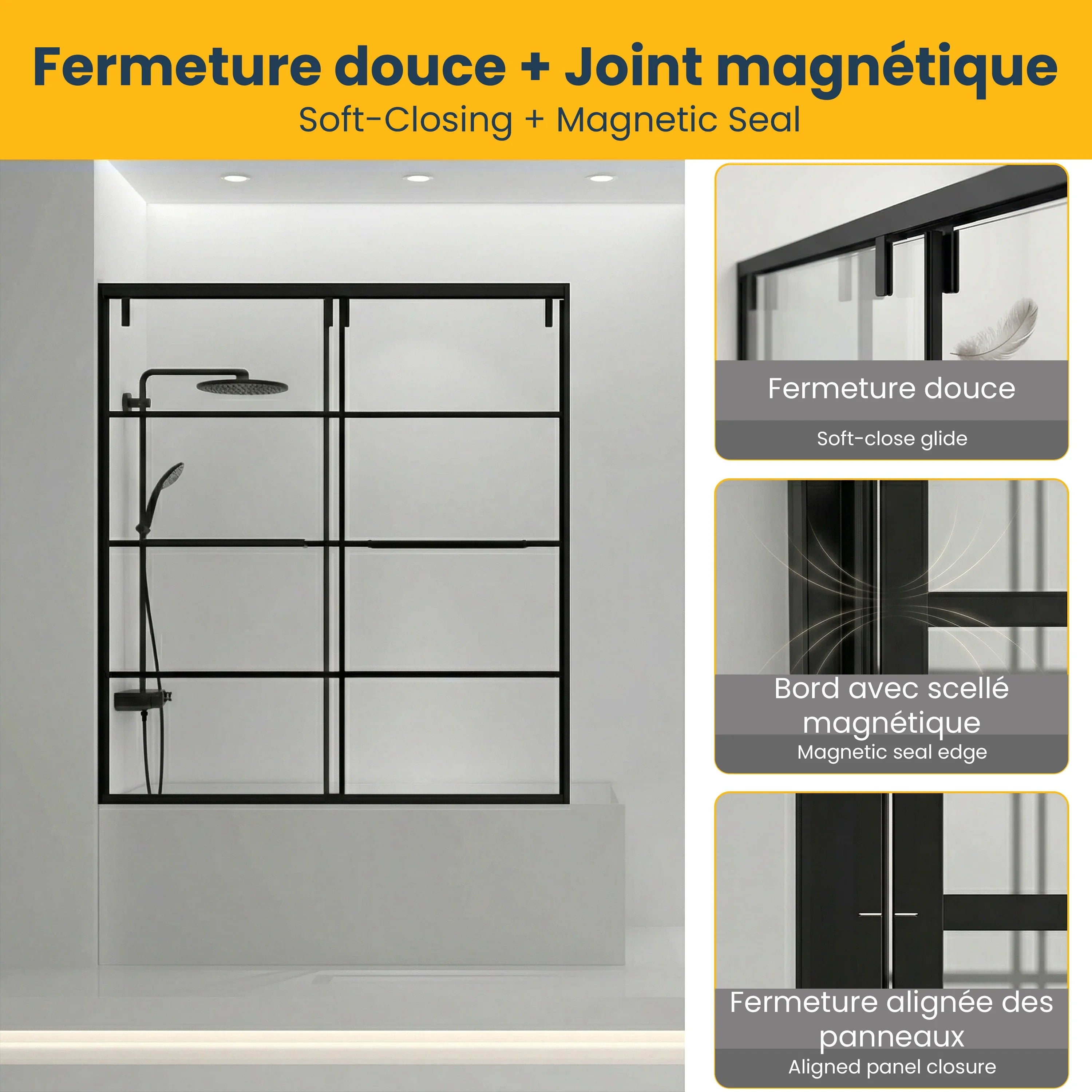 Porte de Baignoire Coulissante 60po x 66po Noir Mat avec Motif Grille - Réversible