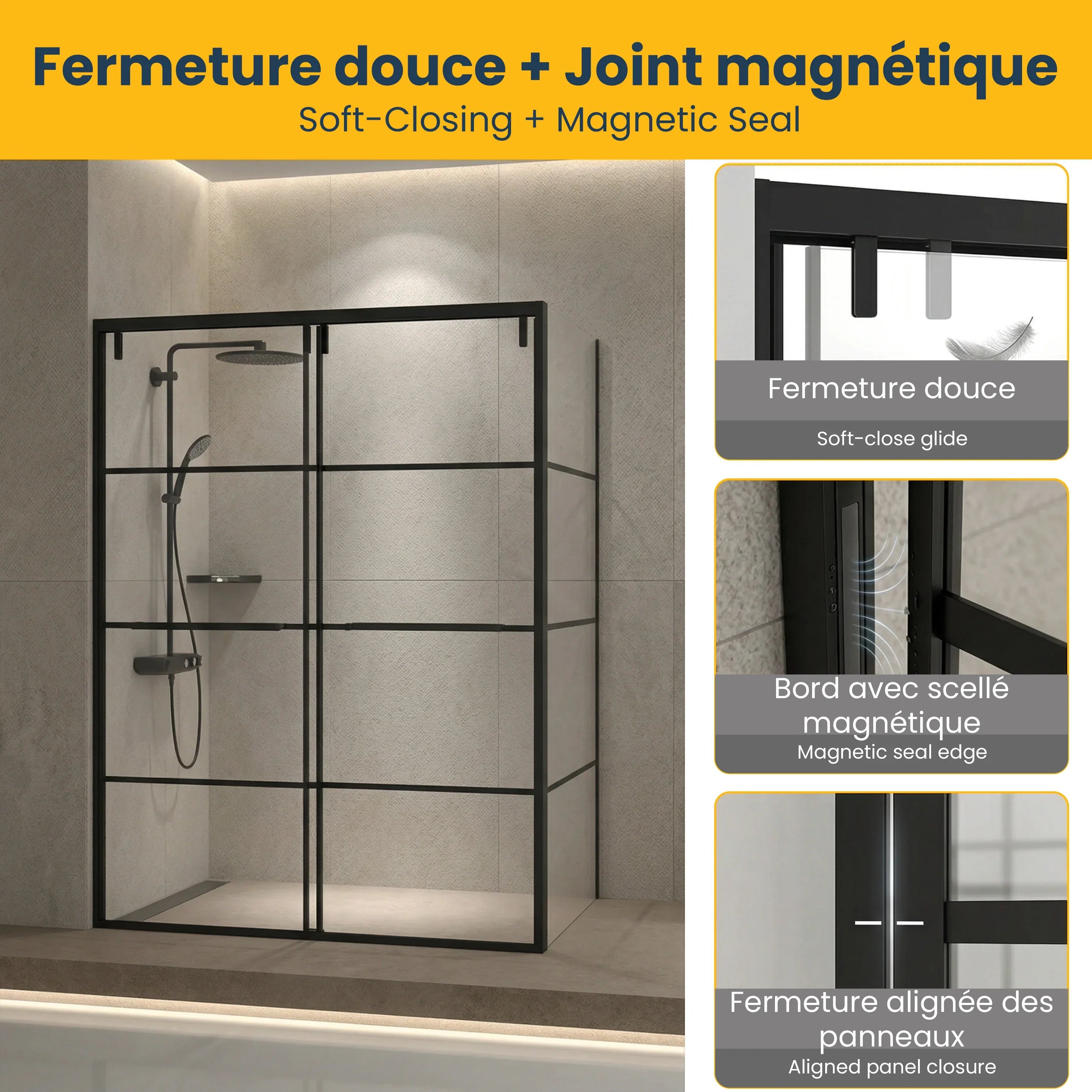 Porte de Douche Coulissante Réversible Noir Mat 48po x 79po avec Panneau Latéral 36po