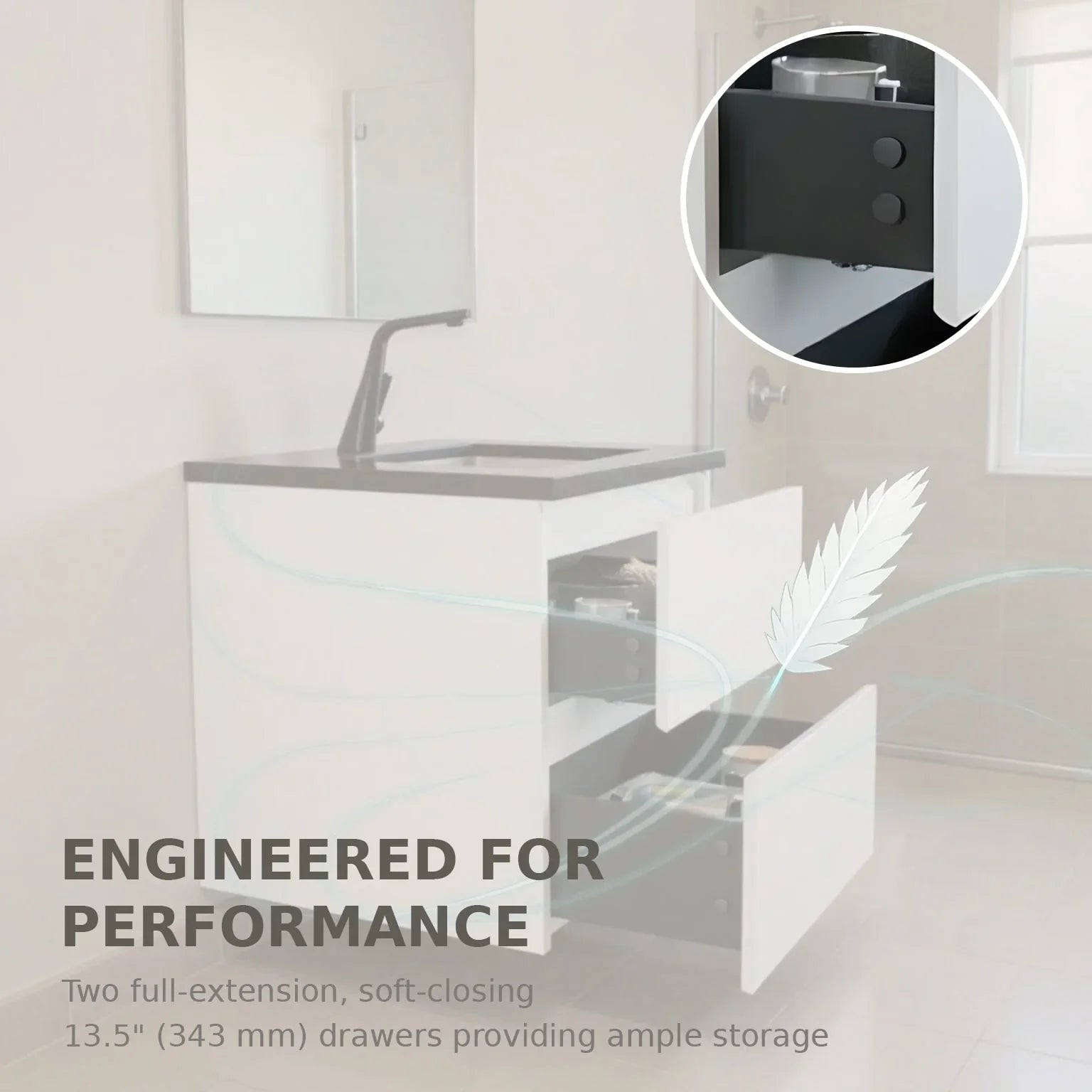 36" White Wall Mount Bathroom Vanity with Black Engineered Quartz Countertop