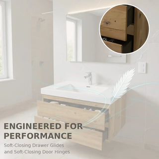 36" Rough Oak Wall Mount Bathroom Vanity with White Polymarble Countertop