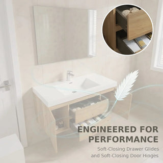 48" Rough Oak Wall Mount Single Sink Bathroom Vanity with White Polymarble Countertop