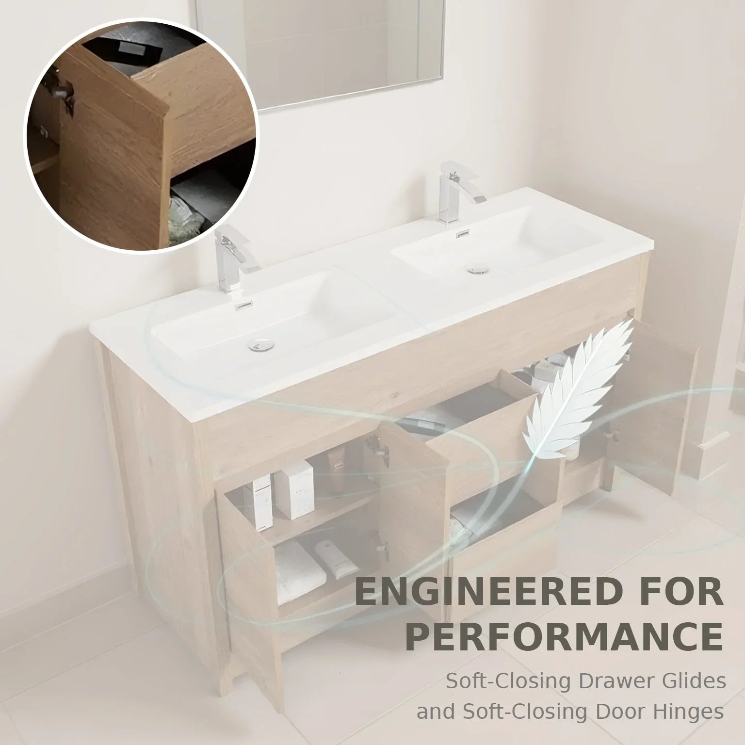 60" Rough Oak Freestanding Double Sink Bathroom Vanity with White Polymarble Countertop