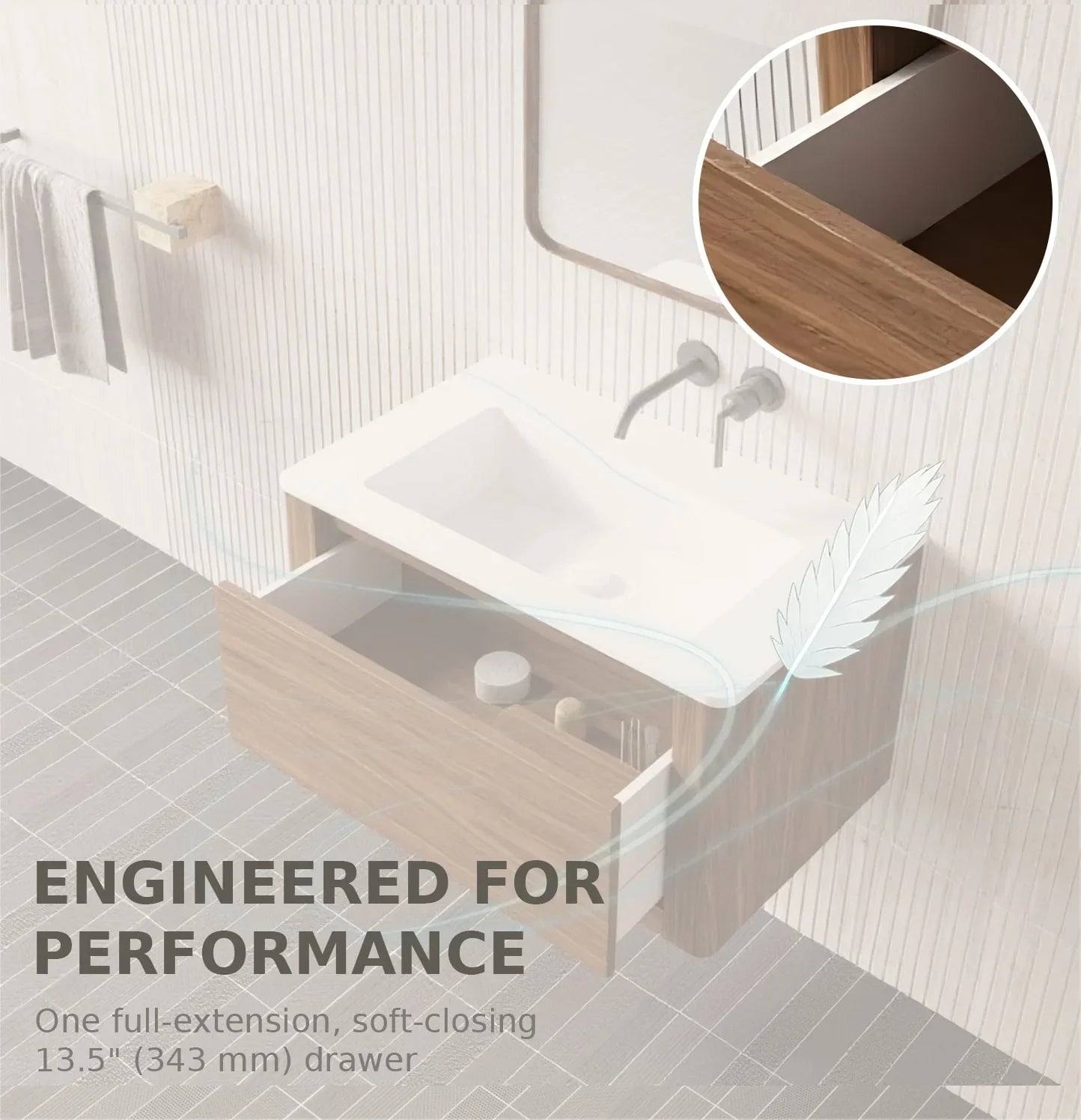 30" Walnut Wall Mount Bathroom Vanity with Matte White Solid Surface Countertop