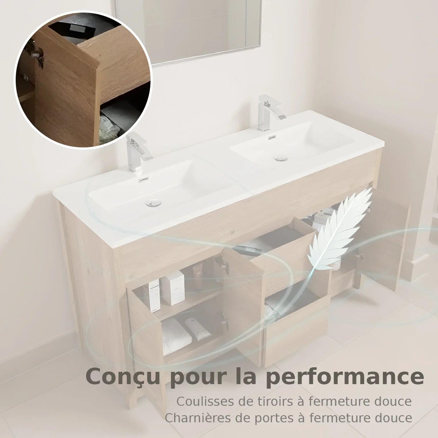 60" Rough Oak Freestanding Double Sink Bathroom Vanity with White Polymarble Countertop