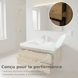 36" Rough Oak Wall Mount Bathroom Vanity with White Polymarble Countertop