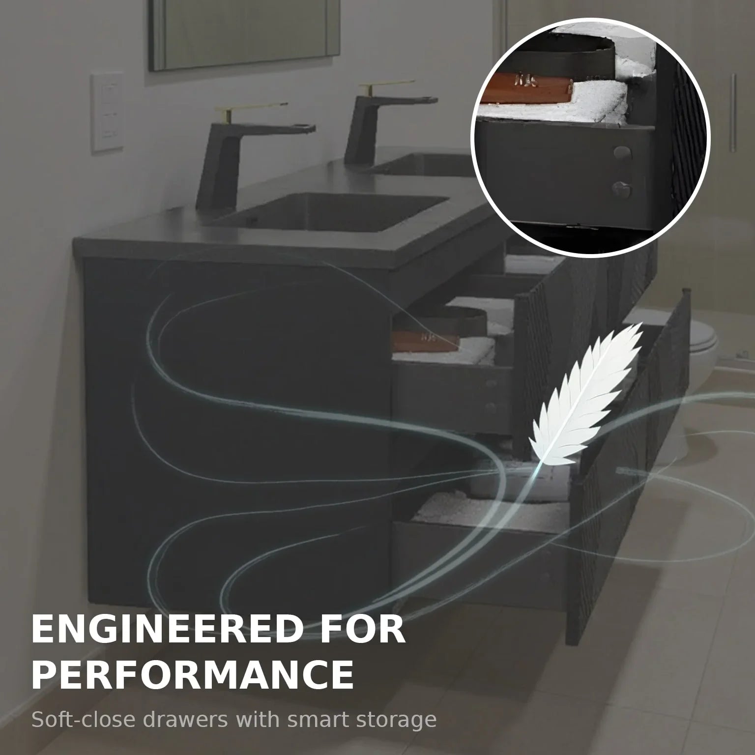 Meuble-Lavabo Double Mural 72po Noir avec Comptoir de Quartz d'ingénierie Noir