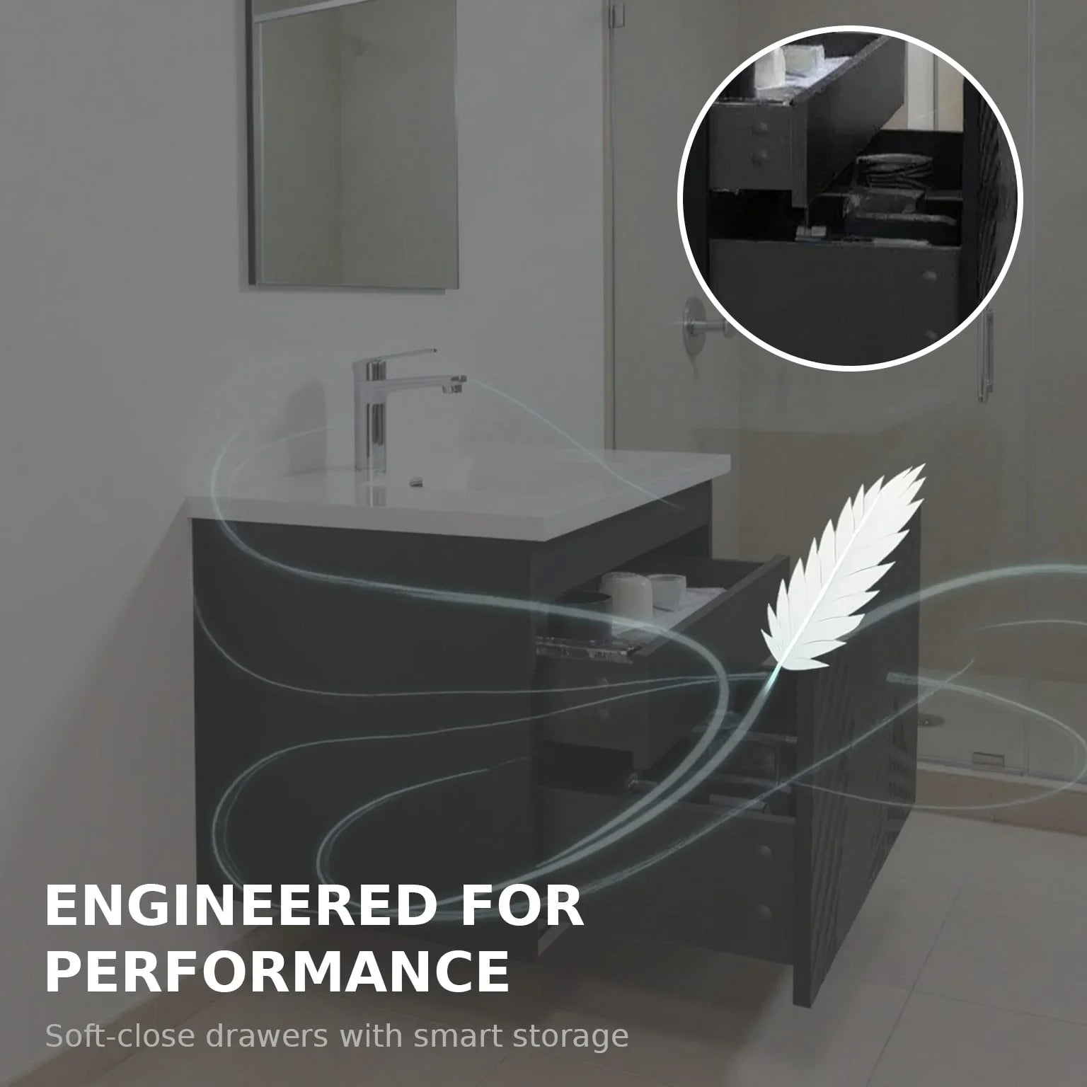 48" Black Wall Mount Bathroom Vanity with White Polymarble Countertop