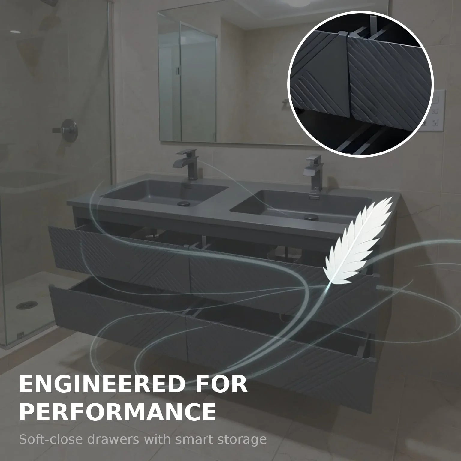 Meuble-lavabo mural noir 60" avec Comptoir en quartz technique noir