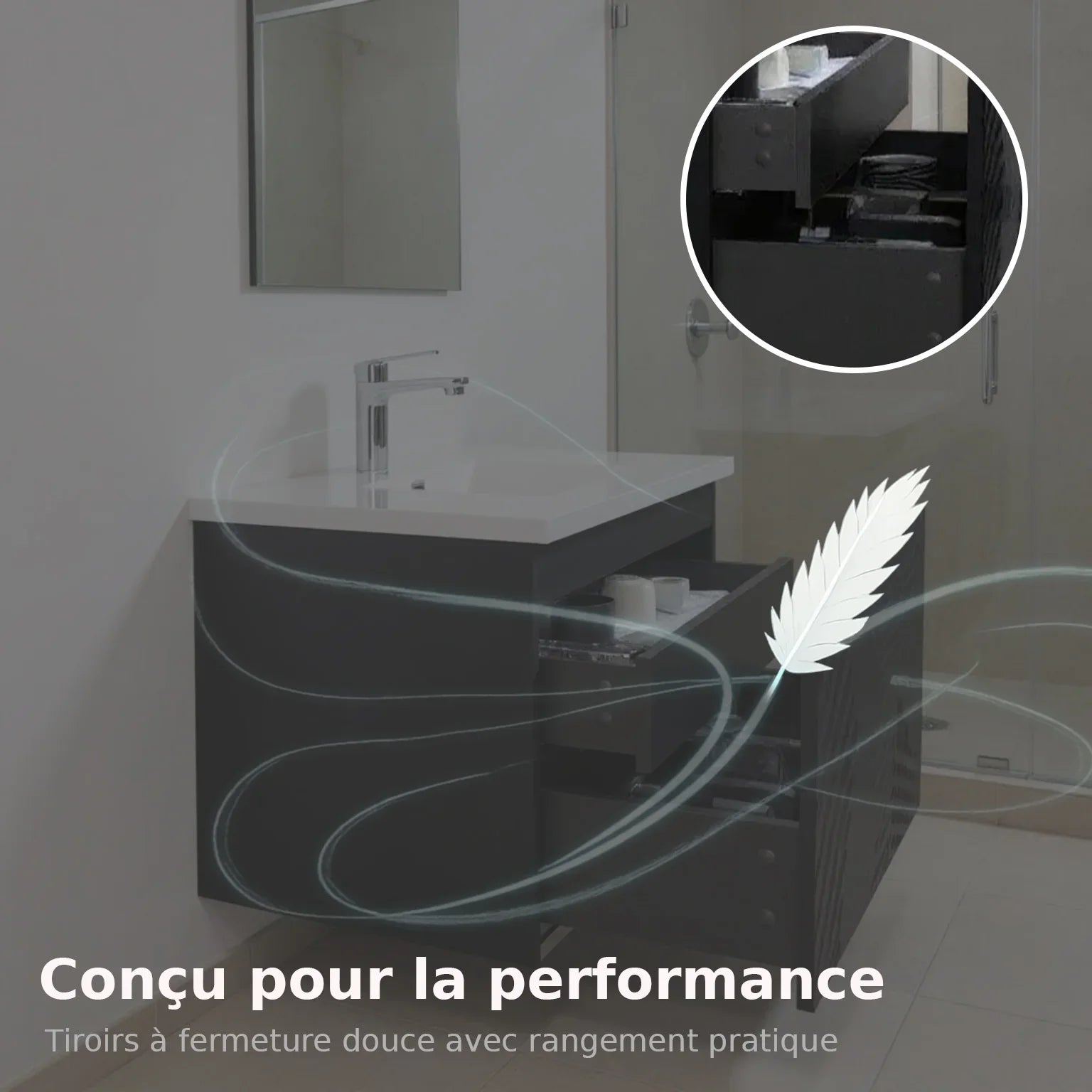 48" Black Wall Mount Bathroom Vanity with White Polymarble Countertop