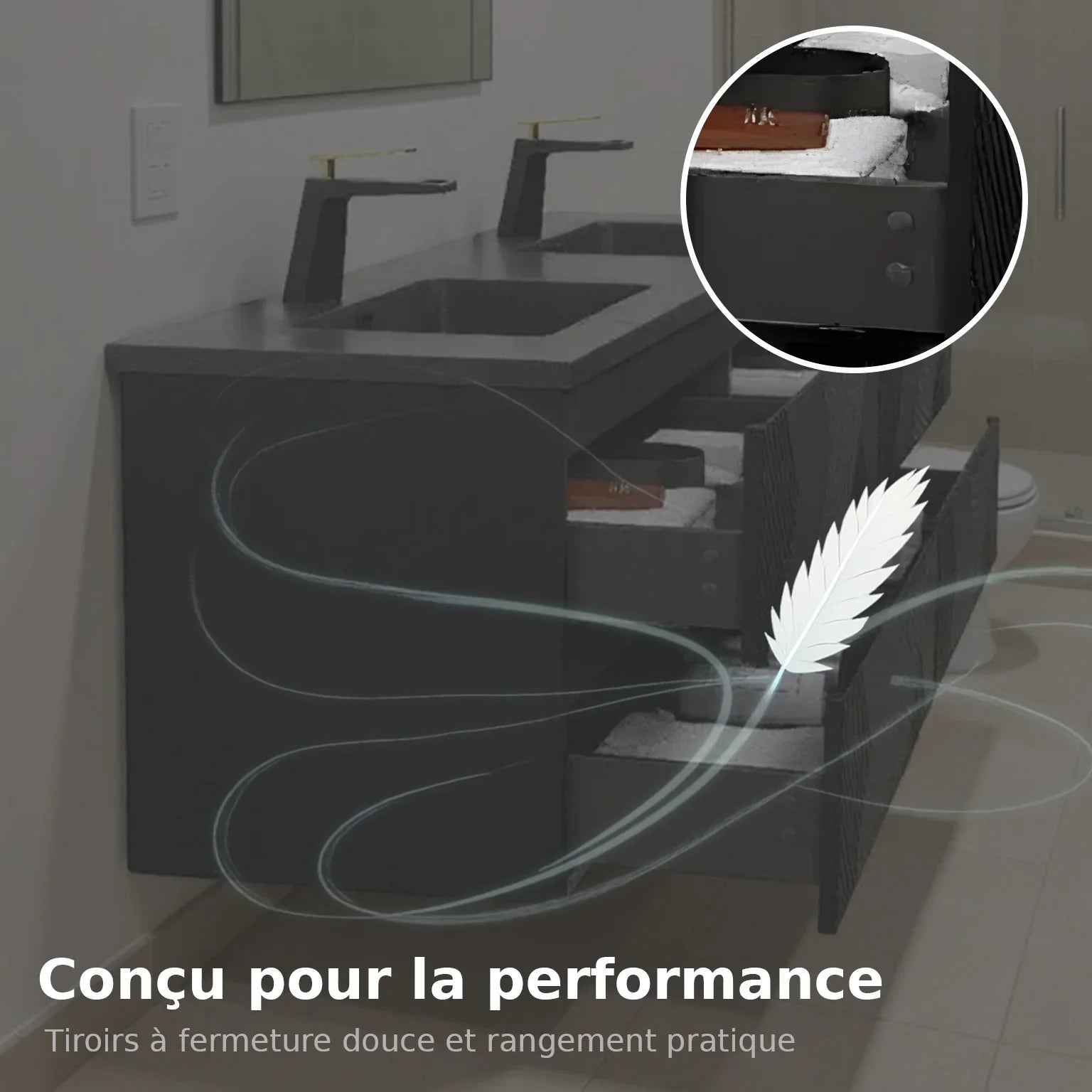 Meuble-Lavabo Double Mural 72po Noir avec Comptoir de Quartz d'ingénierie Noir