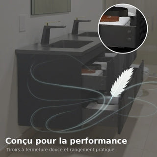 Meuble-Lavabo Double Mural 72po Noir avec Comptoir de Quartz d'ingénierie Noir