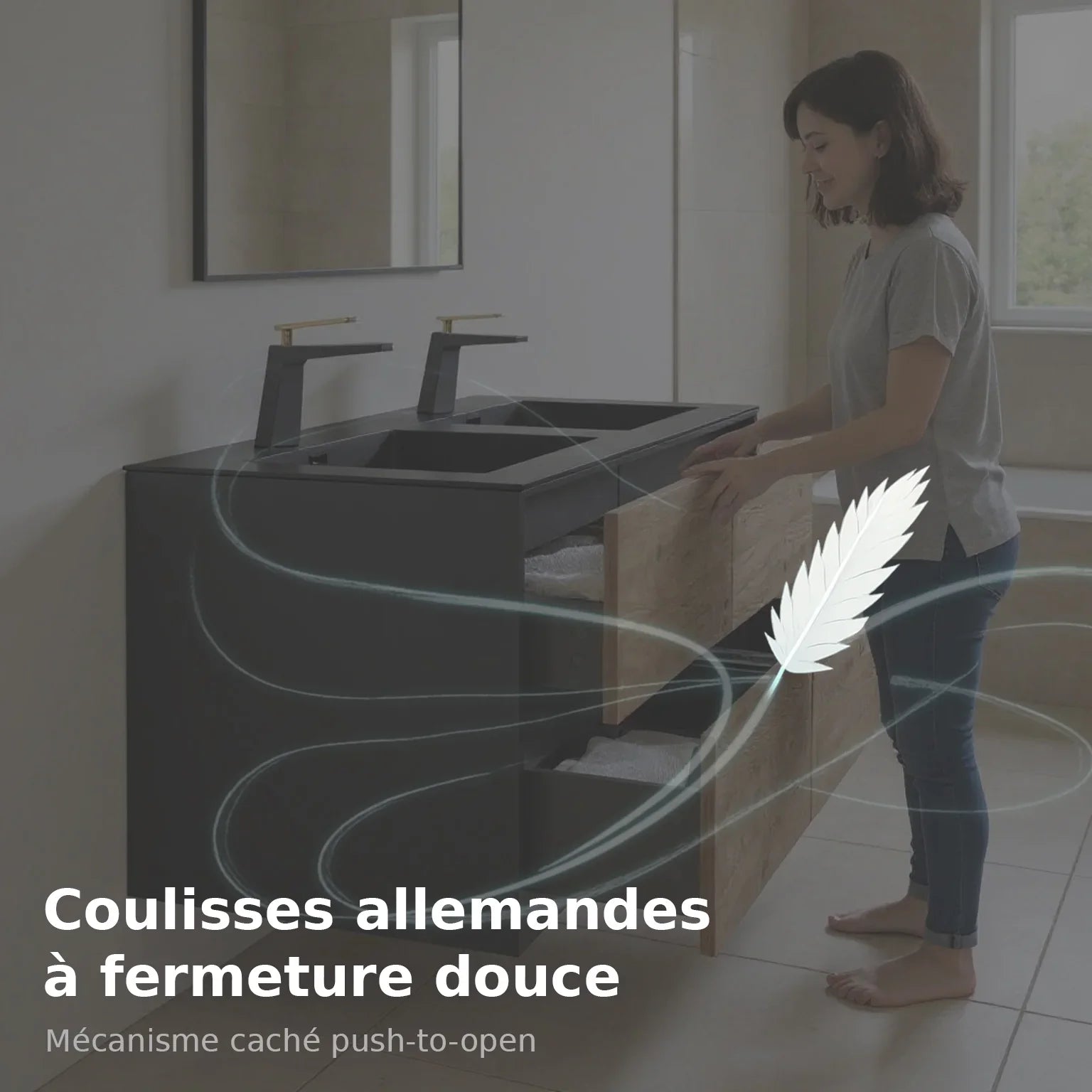 60" Black & Rough Oak Wall Mount Double Sink Bathroom Vanity with Black Engineered Quartz Countertop