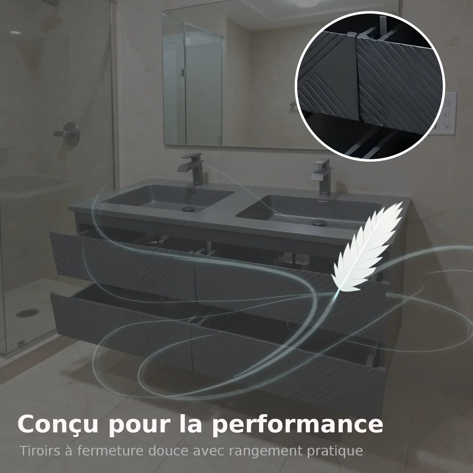 Meuble-lavabo mural noir 60" avec Comptoir en quartz technique noir