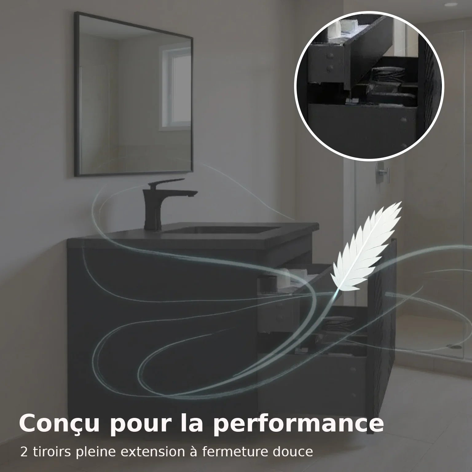 Meuble-Lavabo Mural 48po Noir avec Comptoir de Quartz d'ingénierie Noir