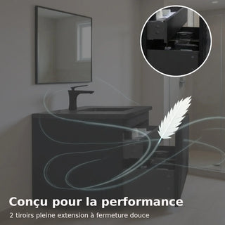 48" Black Wall Mount Bathroom Vanity with Black Engineered Quartz Countertop