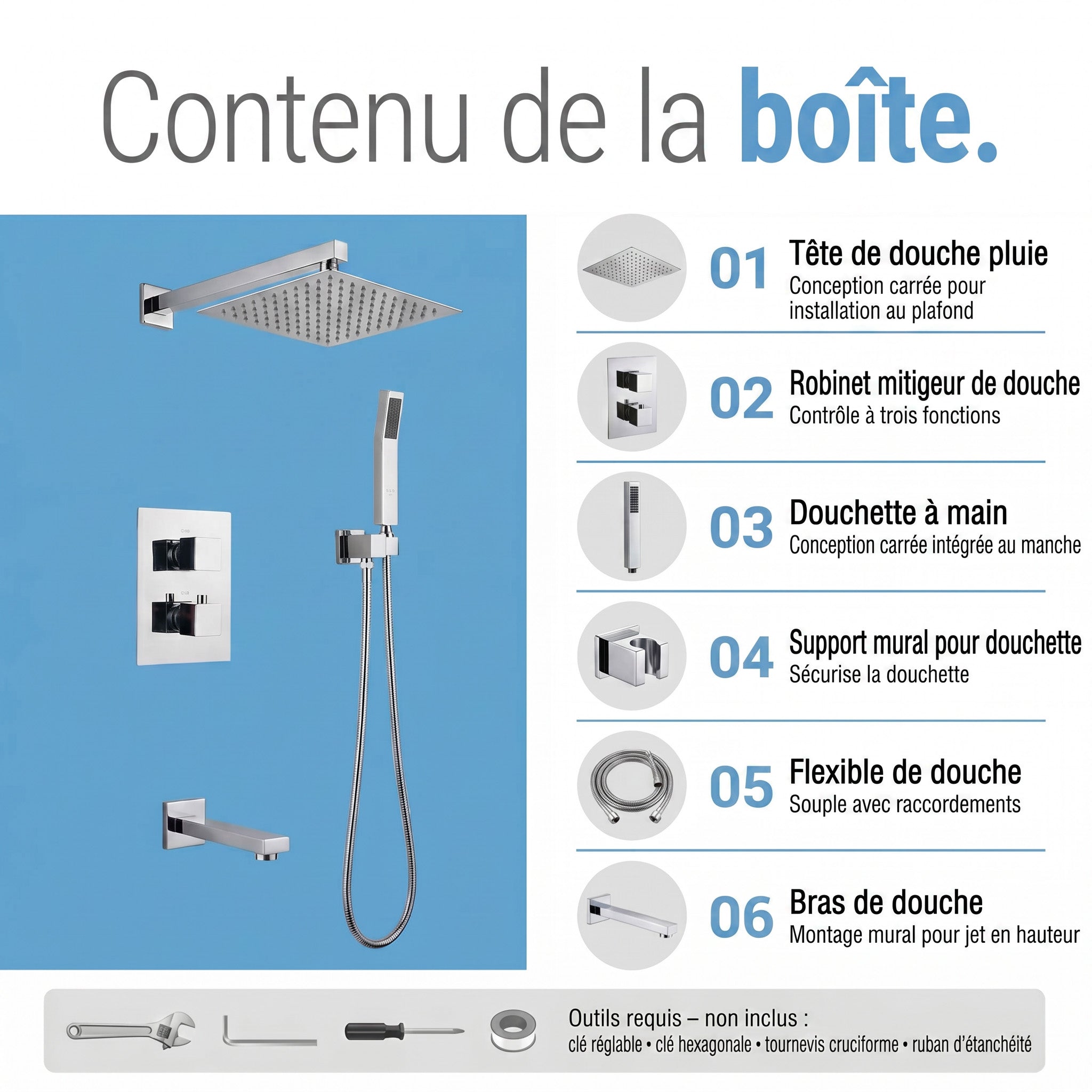 Ensemble de Douche Malaga Chrome 3 Fonctions avec Pomme de Pluie