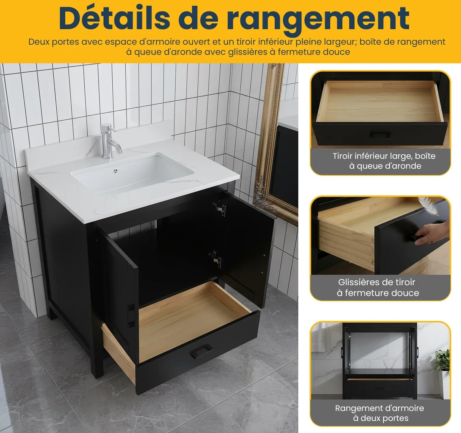 Meuble-Lavabo Autoportant 30po Noir avec Comptoir de Polymarbre Ingénierie Calcutta