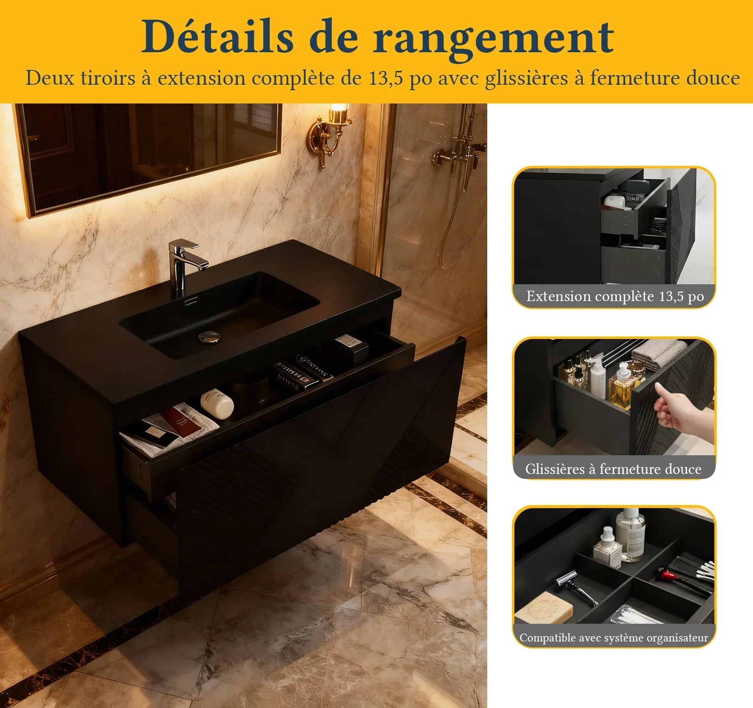 40" Black Wall Mount Bathroom Vanity with Black Engineered Quartz Countertop Roxboro