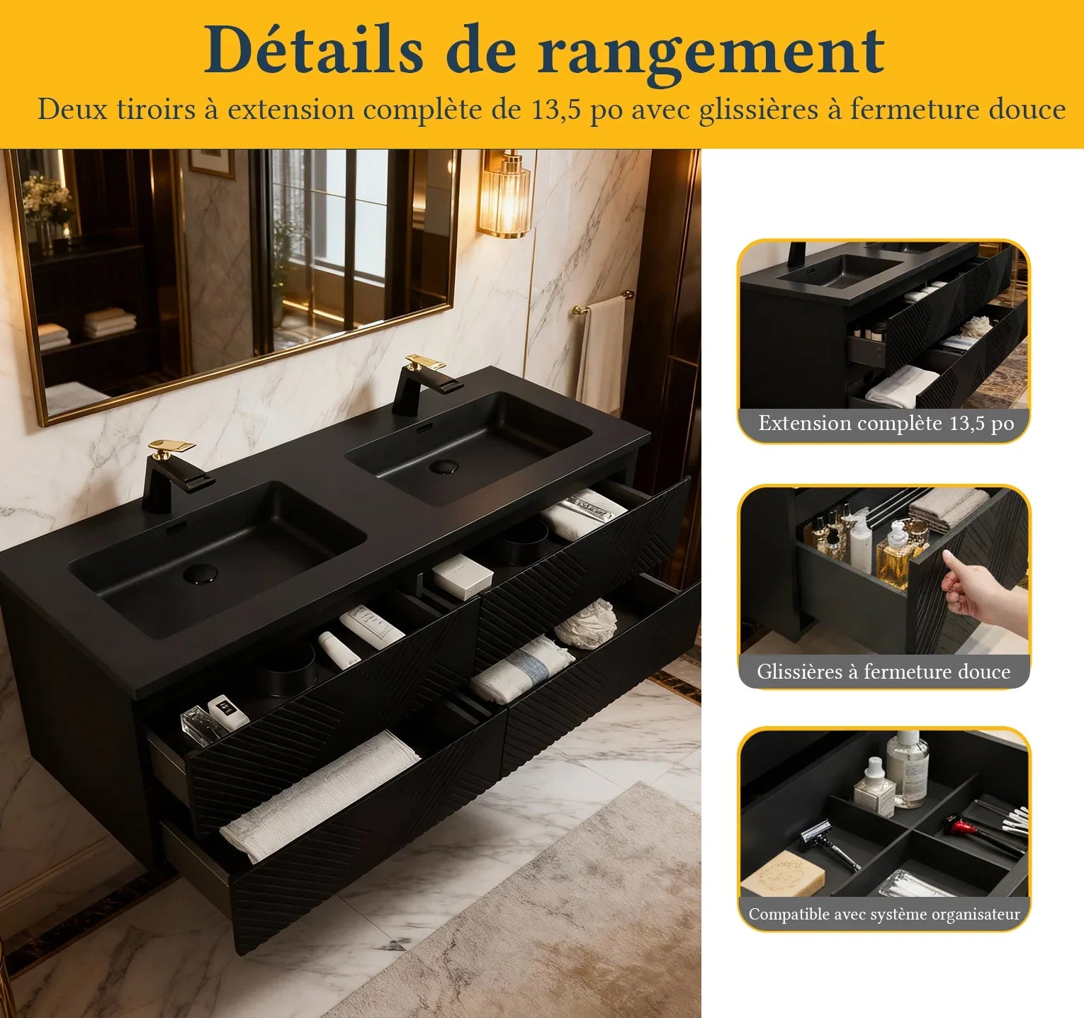 Meuble-lavabo mural noir 60" avec Comptoir en quartz technique noir