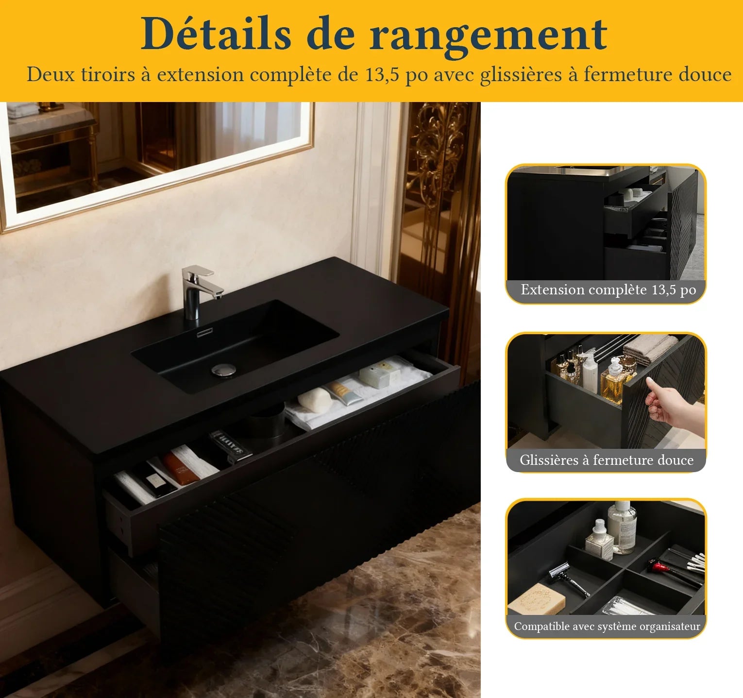 Meuble-Lavabo Mural 48po Noir avec Comptoir de Quartz d'ingénierie Noir