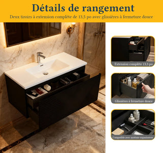 Meuble-lavabo mural noir 40" pour salle de bain avec Comptoir en polymarbre blanc Roxboro
